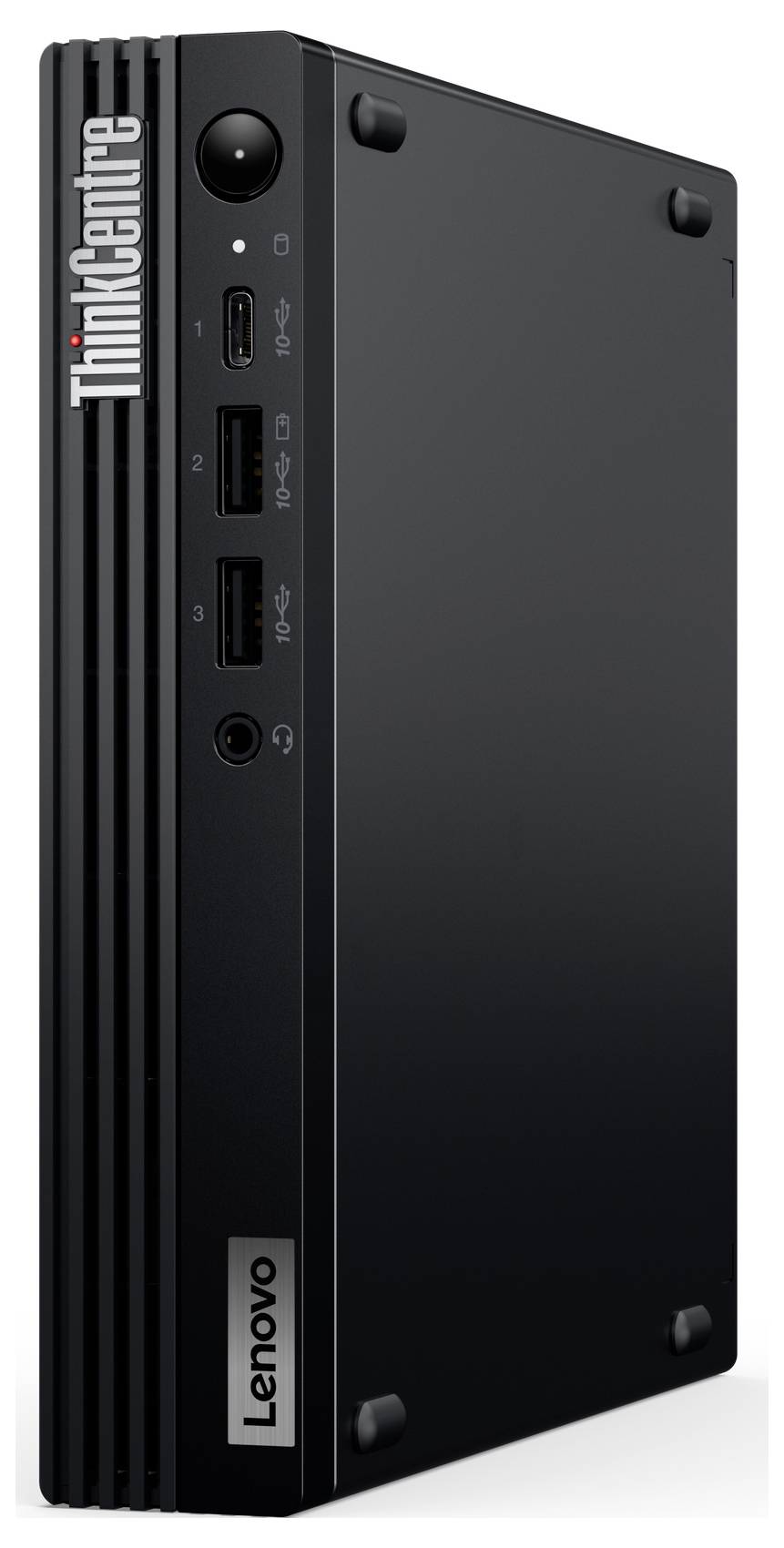 Ein vertikaler Lenovo ThinkCentre Desktop-Computer mit mehreren Anschlüssen und sichtbarer Markierung an der Vorderseite, der für kompakte Räume konzipiert ist.