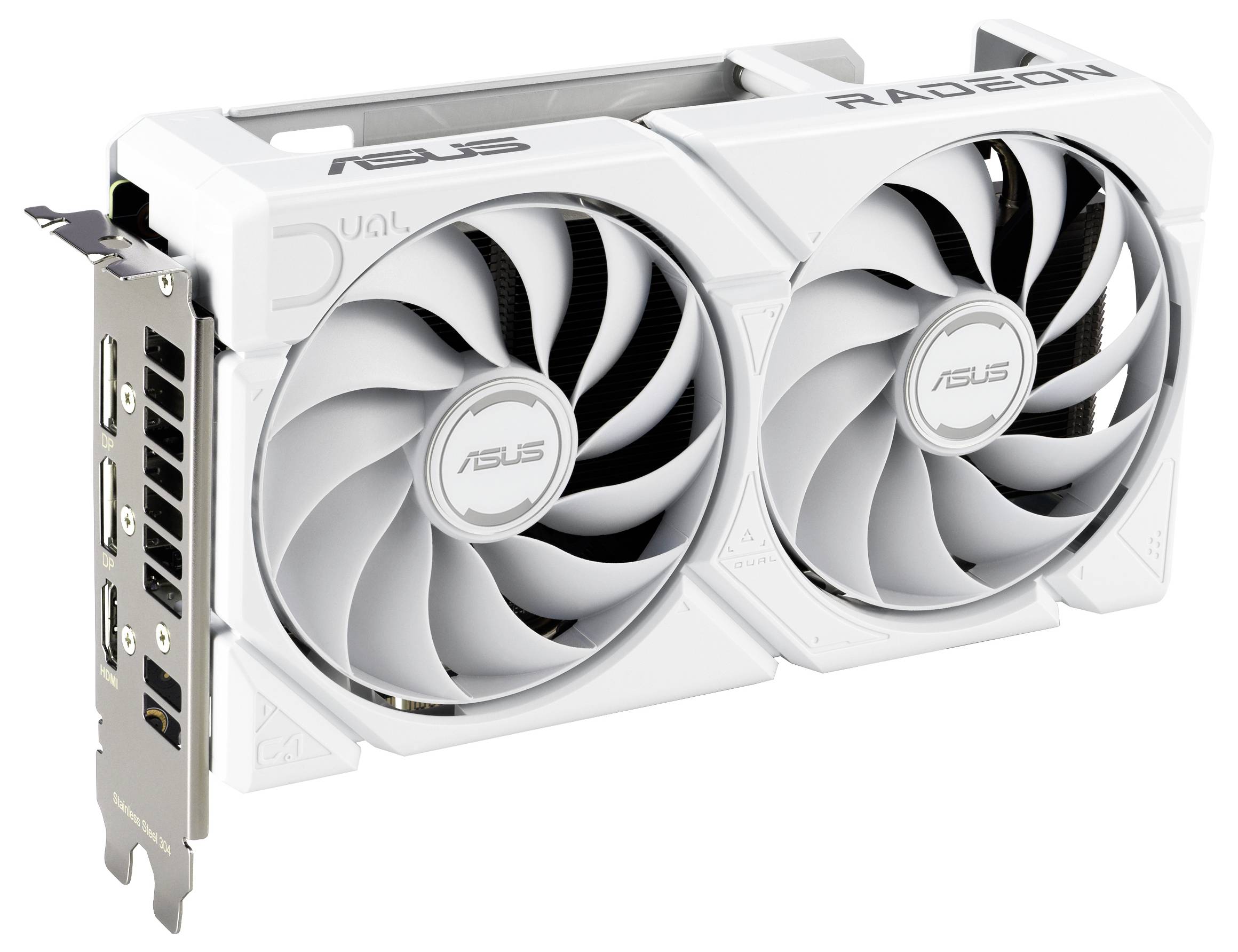 Eine weiße ASUS Radeon Grafikkarte mit zwei Kühlventilatoren, mehreren HDMI- und DisplayPort-Anschlüssen am seitlichen Anschlussträger.