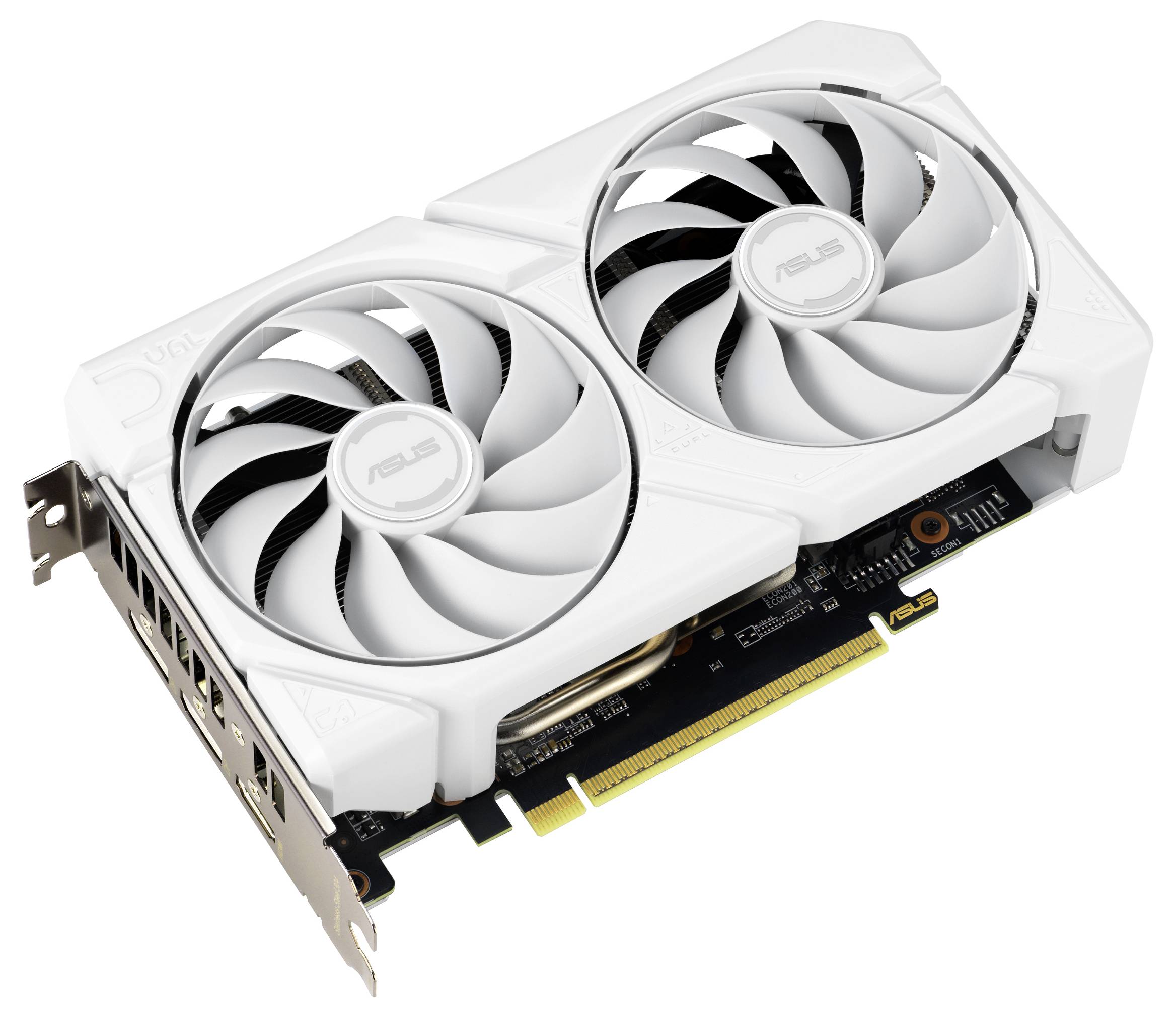 Eine weiße ASUS-Grafikkarte mit Doppellüftern, sichtbaren Anschlüssen an der Seite und einem PCIe-Anschluss.