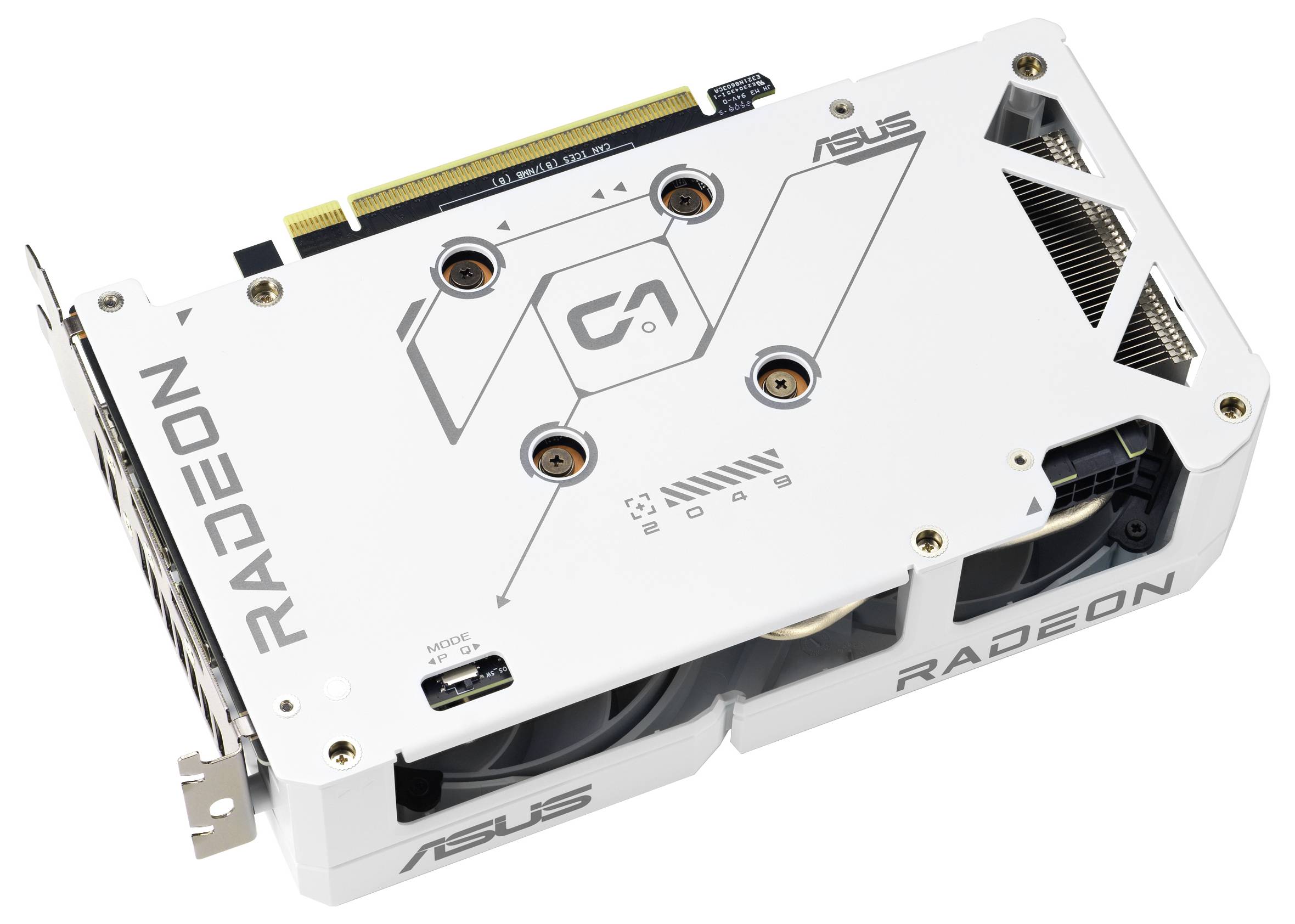 Eine weiße Grafikkarte mit 'Radeon'- und 'Asus'-Logos, die ein digitales Tarndesign und Kühlventilatoren aufweist und zur Verbesserung der Computergrafik verwendet wird.