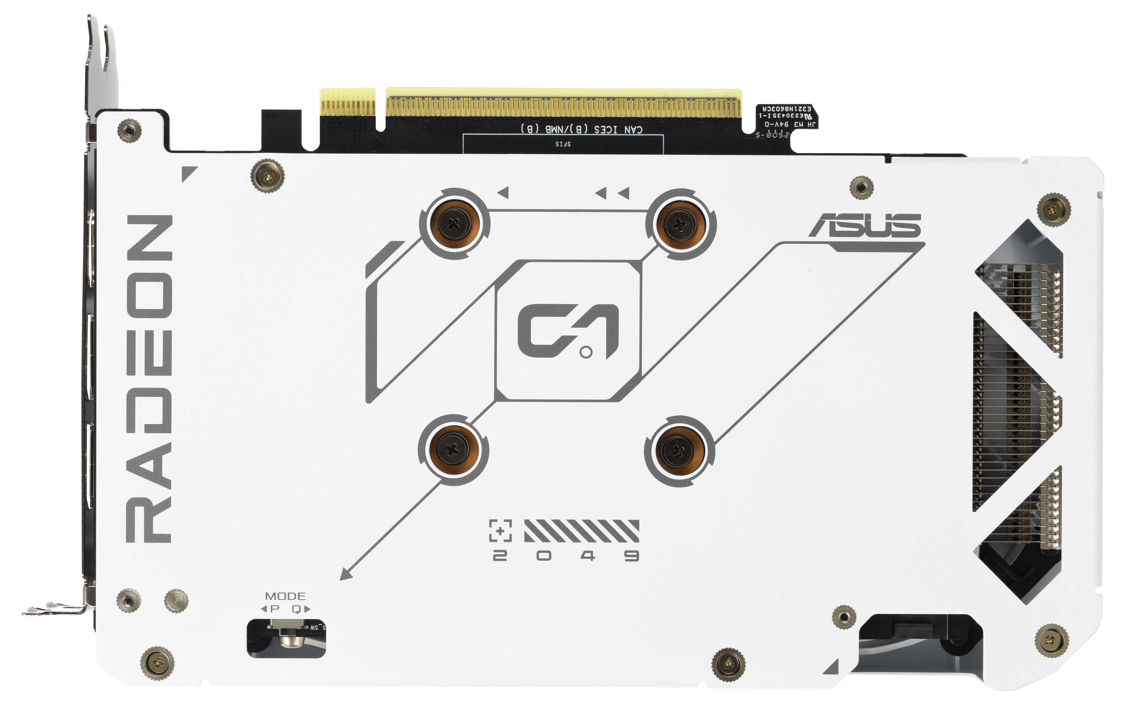 ASUS Radeon Grafikkarte mit weißer Rückseite, bei der Branding- und Designelemente sichtbar sind; der PCIe-Anschluss ist oben zu sehen.
