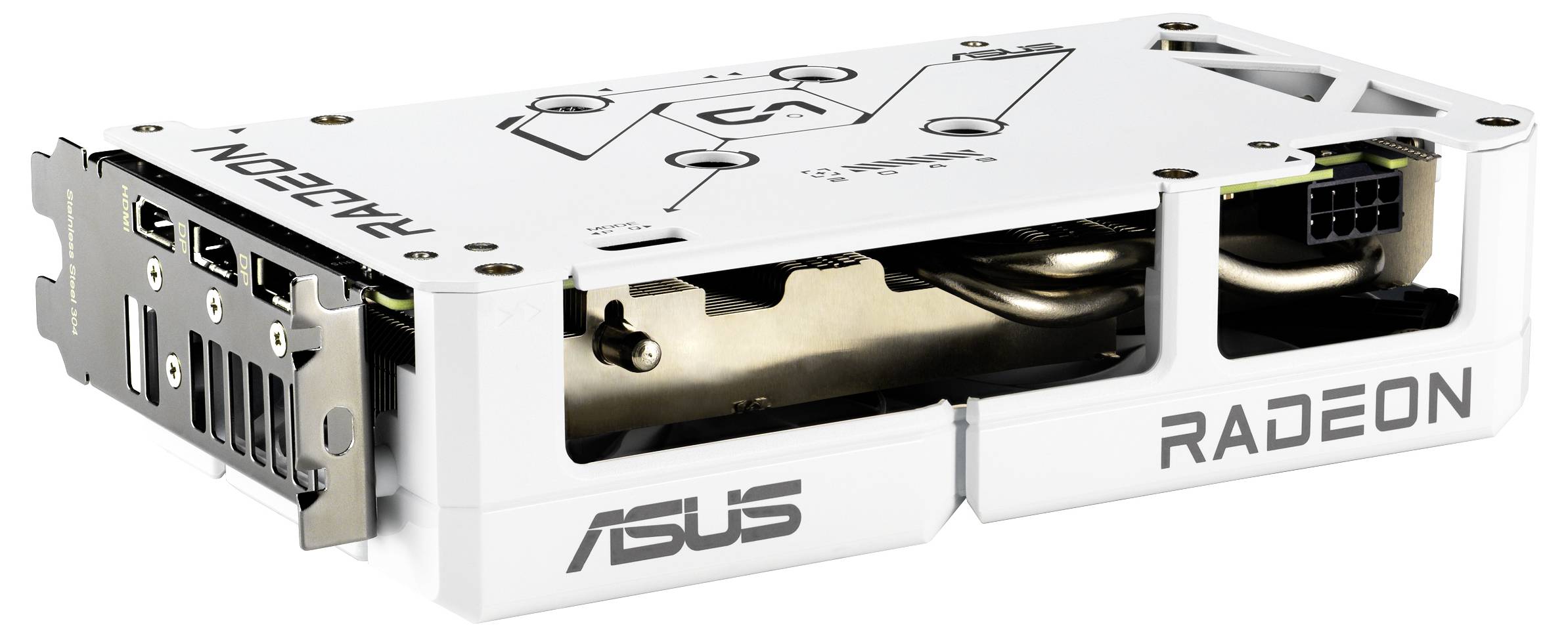 Eine weiße ASUS Radeon Grafikkarte mit mehreren Anschlüssen und einem detaillierten geometrischen Design auf der Oberseite, die ihre Hardwarekomponenten präsentiert.