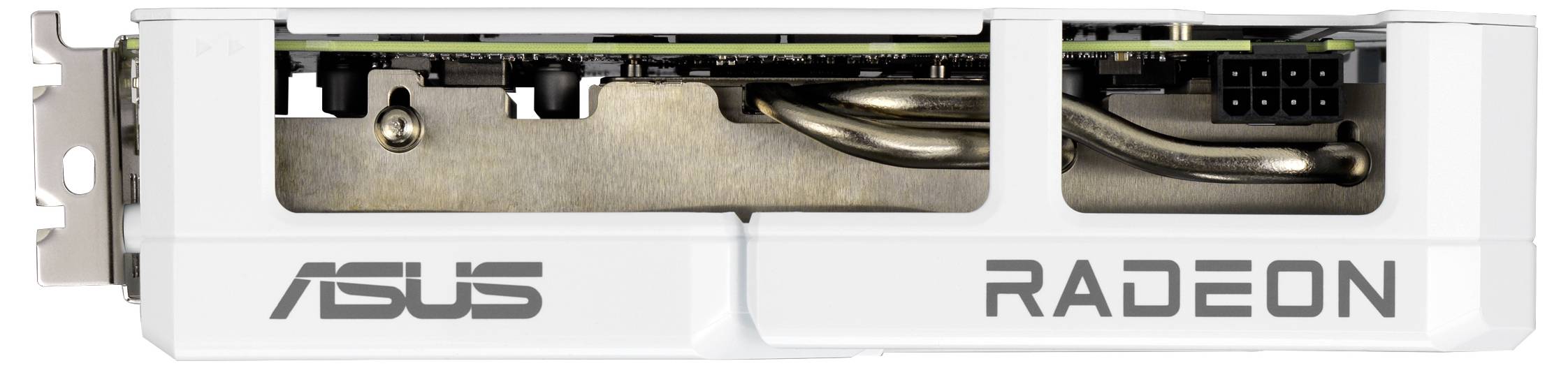Eine weiße ASUS Radeon Grafikkarte, von der Seite betrachtet, mit sichtbaren Heatpipes und einem Lüfter, auf der die Texte 'ASUS' und 'RADEON' zu sehen sind.