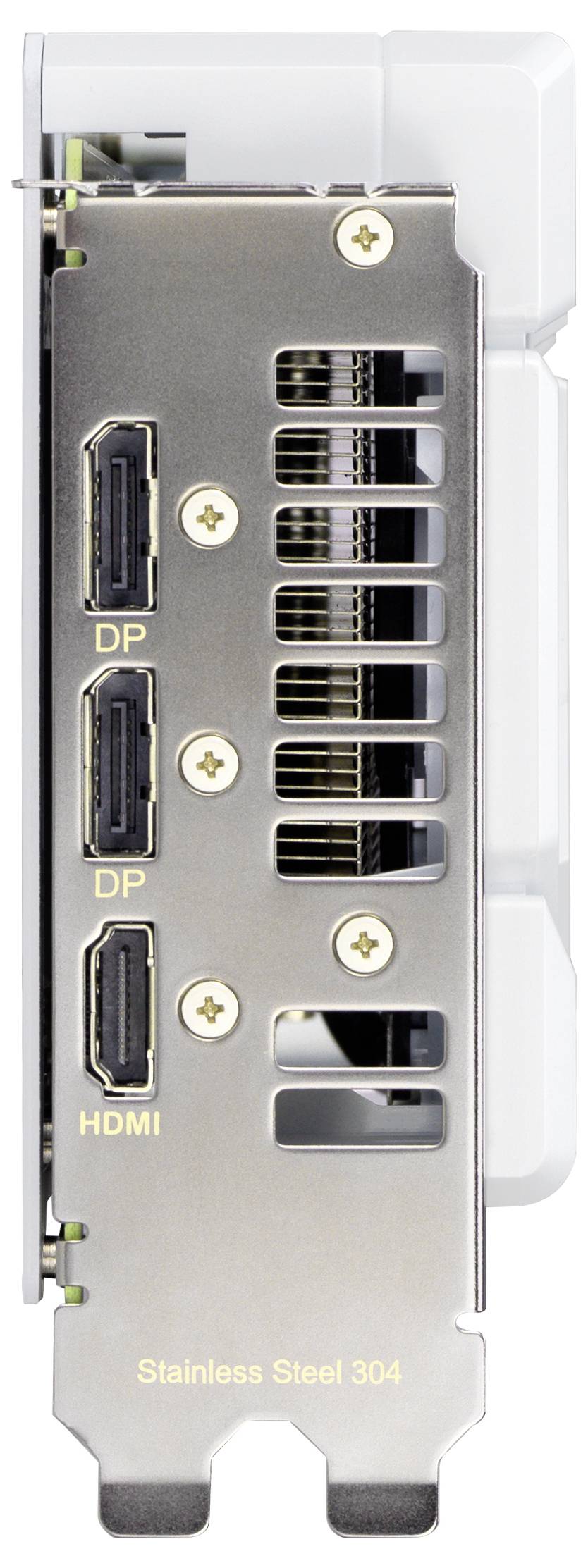 Eine Nahaufnahme des Anschlussbereichs einer Grafikkarte mit zwei DisplayPort- und einem HDMI-Anschluss, darunter der Schriftzug 