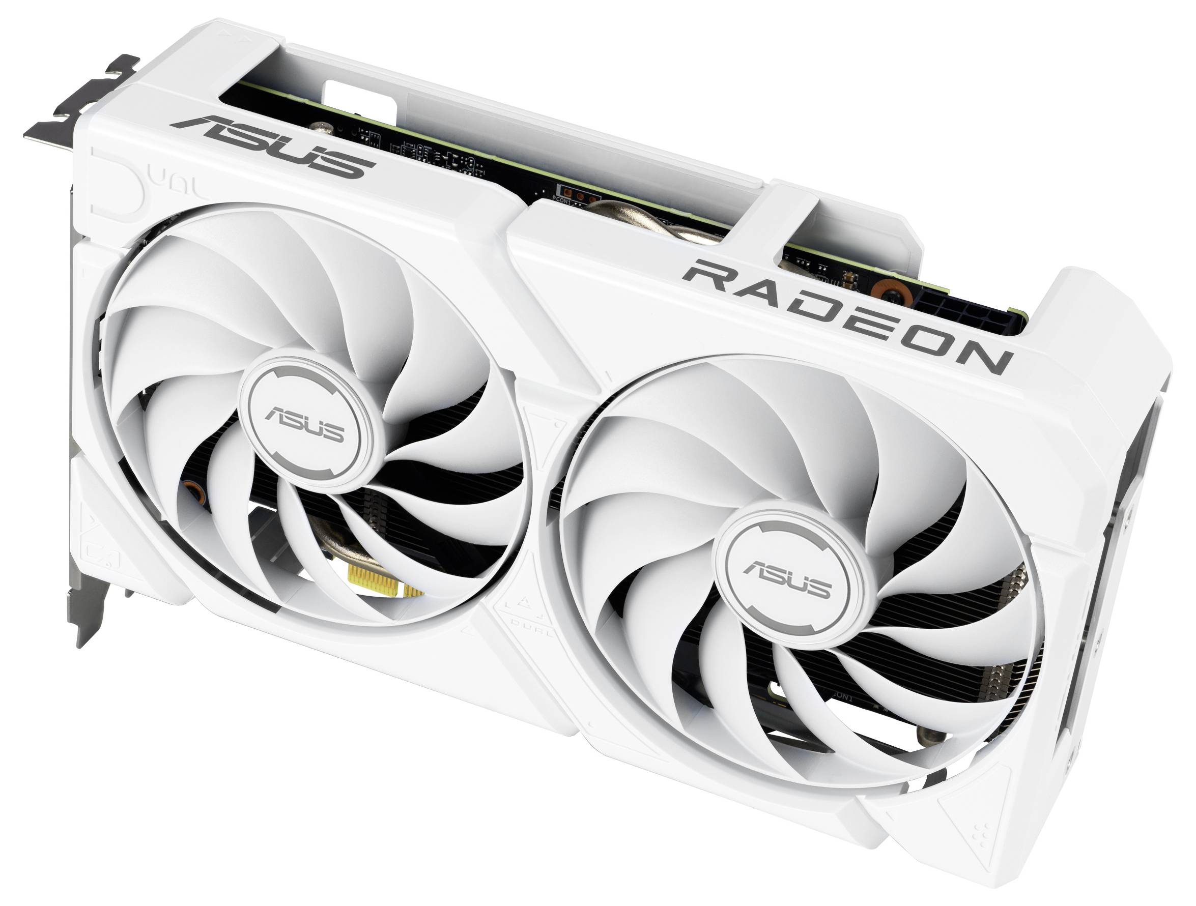 Eine weiße ASUS-Grafikkarte mit zwei Kühlventilatoren, auf deren Seite die Markierung 'RADEON' zu sehen ist. Entwickelt für High-Performance-Gaming.