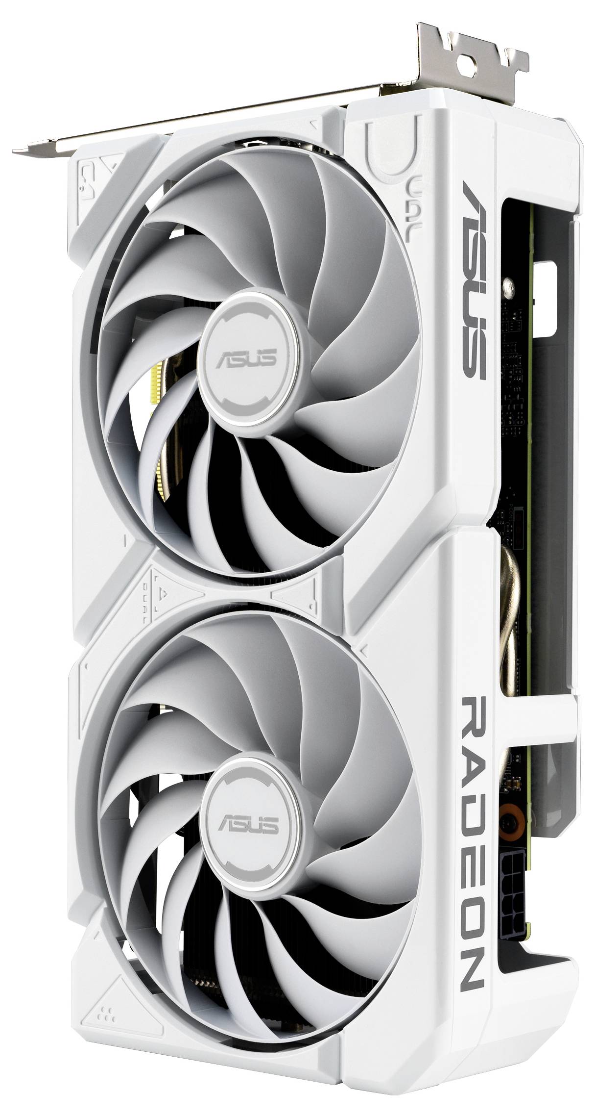 Eine weiße ASUS-Grafikkarte mit Doppellüfter, die mit 'Radeon' beschriftet ist und ein schlankes Design mit sichtbarer Markenbeschriftung an der Seite aufweist.