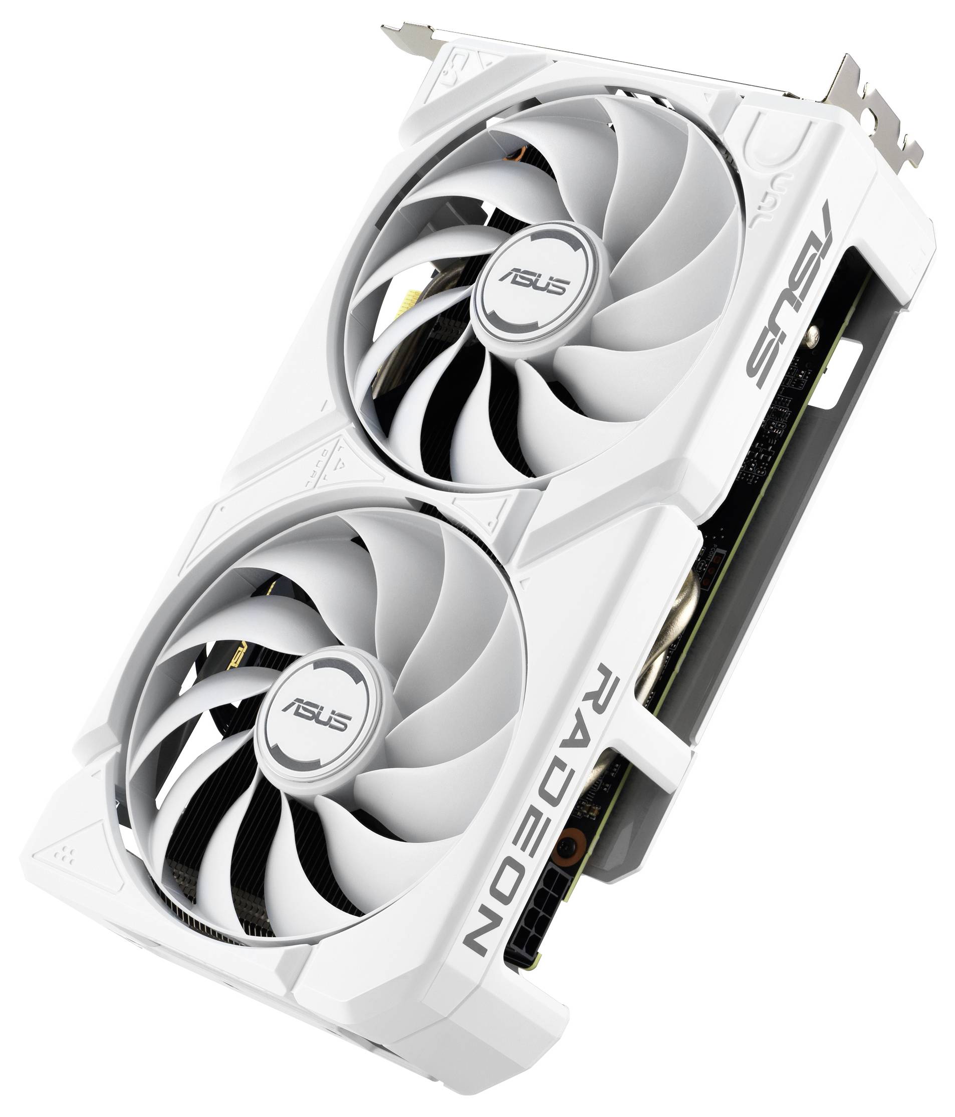 Eine weiße ASUS Radeon Grafikkarte mit Doppellüftern, die nach rechts geneigt sind und das ASUS-Logo auf den Lüfternaben sowie die Radeon-Markierung tragen.
