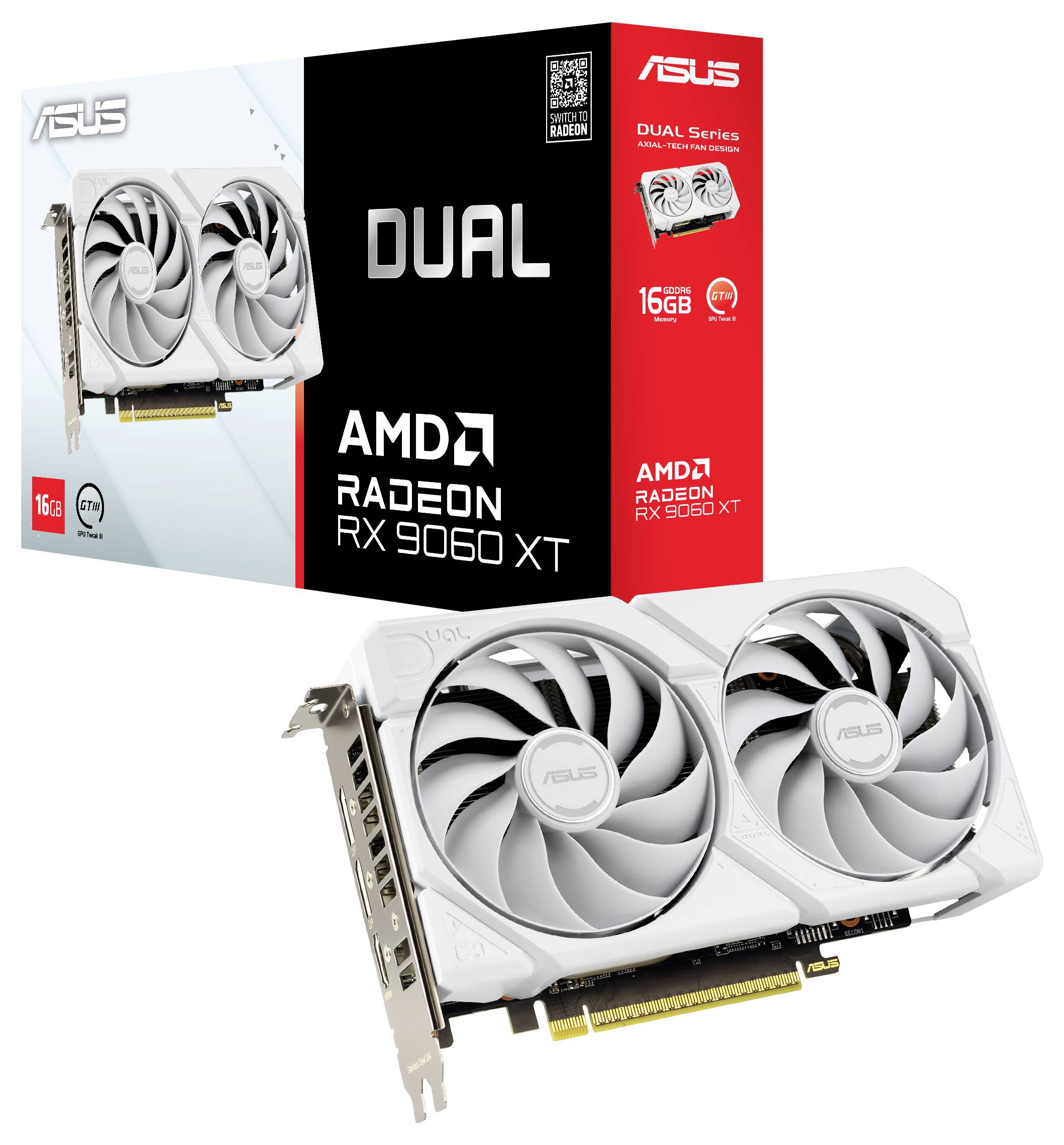 Eine weiße ASUS DUAL AMD Radeon RX 6060 XT Grafikkarte mit Doppellüftern wird außerhalb ihrer Markeverpackung präsentiert.
