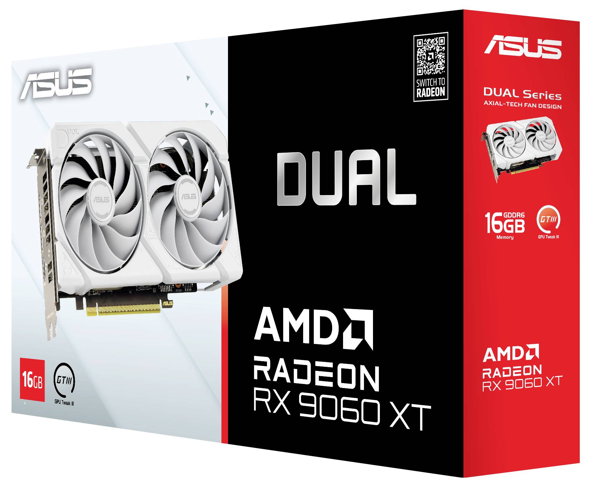 Eine ASUS Dual Serie AMD Radeon RX 9060 XT Grafikkarte präsentiert sich in einer Verpackung, die die Doppellüfter, 16 GB Arbeitsspeicher und das axiale Lüfterdesign hervorhebt.