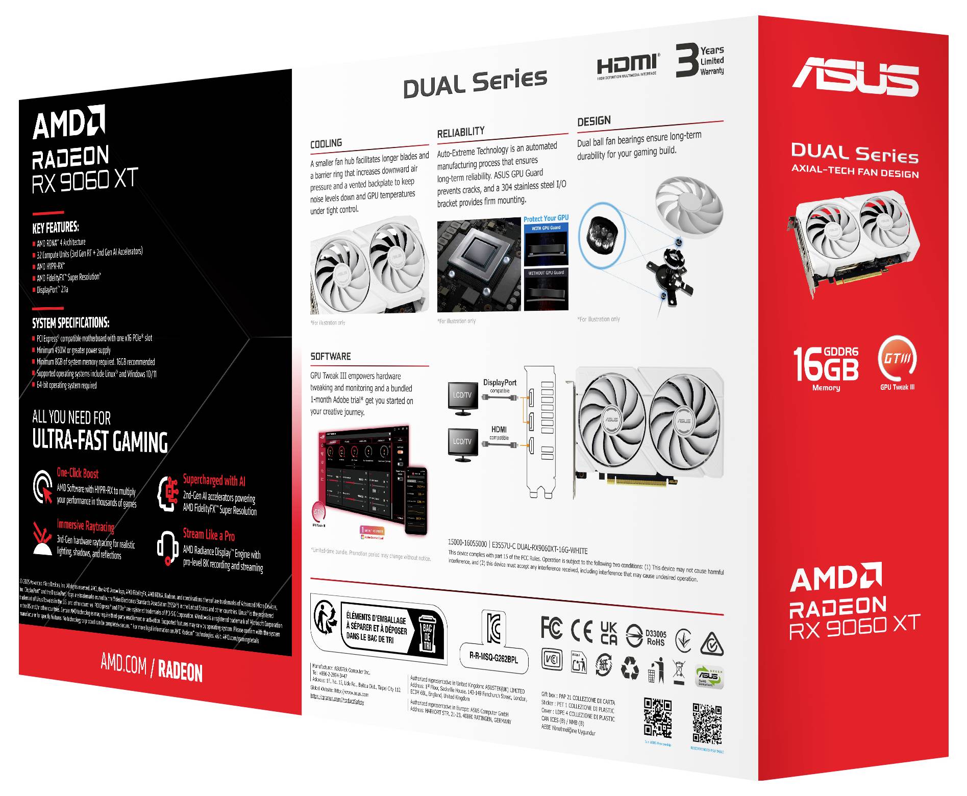 ASUS DUAL Serie AMD Radeon RX 9600 XT Grafikkarte, Verpackung mit Hervorhebung von Eigenschaften wie 16 GB GDDR7-Speicher, Kühlungstechnologie und Softwareinformationen.