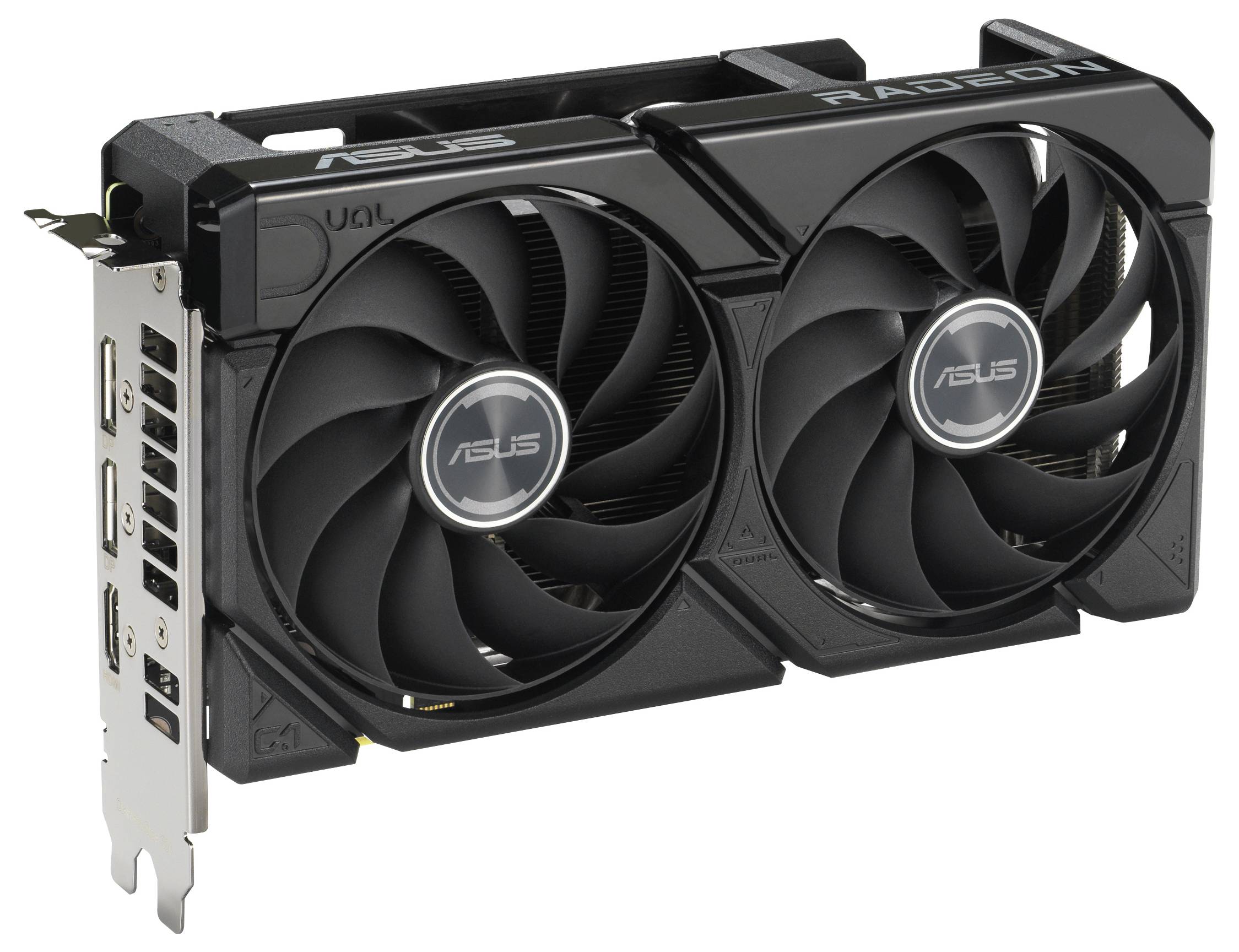 Eine schwarze Asus Radeon Grafikkarte mit Dual-Lüftern, mehreren Anschlussports und elegantem Design.