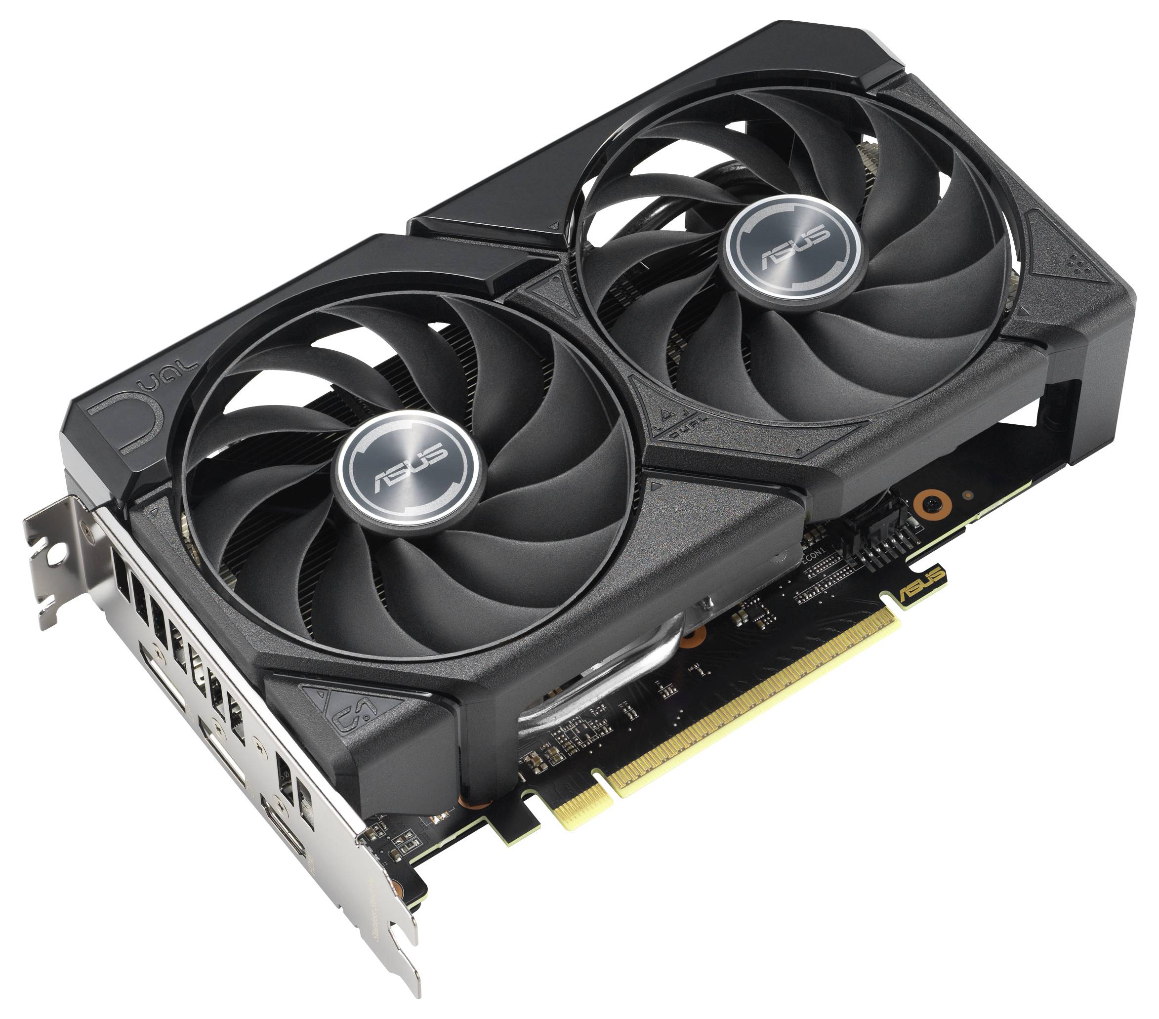 Eine schwarze Computergrafikkarte mit Zwillingslüftern und einem Metallhalterung mit mehreren Anschlüssen.