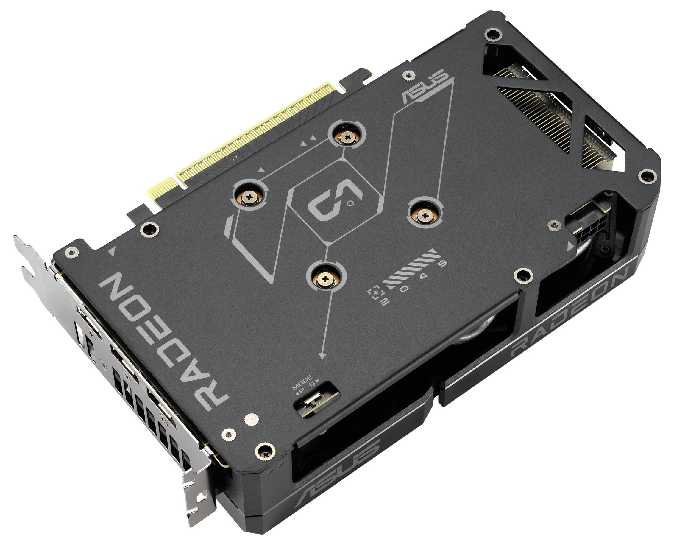 Grafikkarte 'Radeon' von ASUS, schwarz mit metallischen Akzenten, zeigt Anschlüsse und Kühlungsdesign.