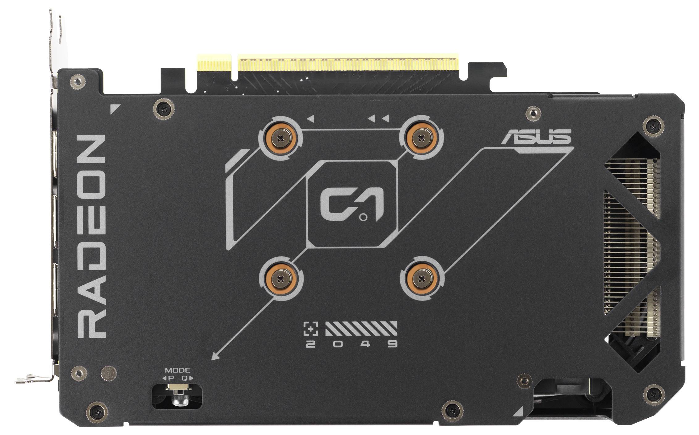 Rückansicht einer Asus Radeon-Grafikkarte mit einer schwarzen Metallplatte und orangefarbenen Akzenten, sichtbaren Schrauben sowie den Markierungen 'RADEON' und 'ASUS'.