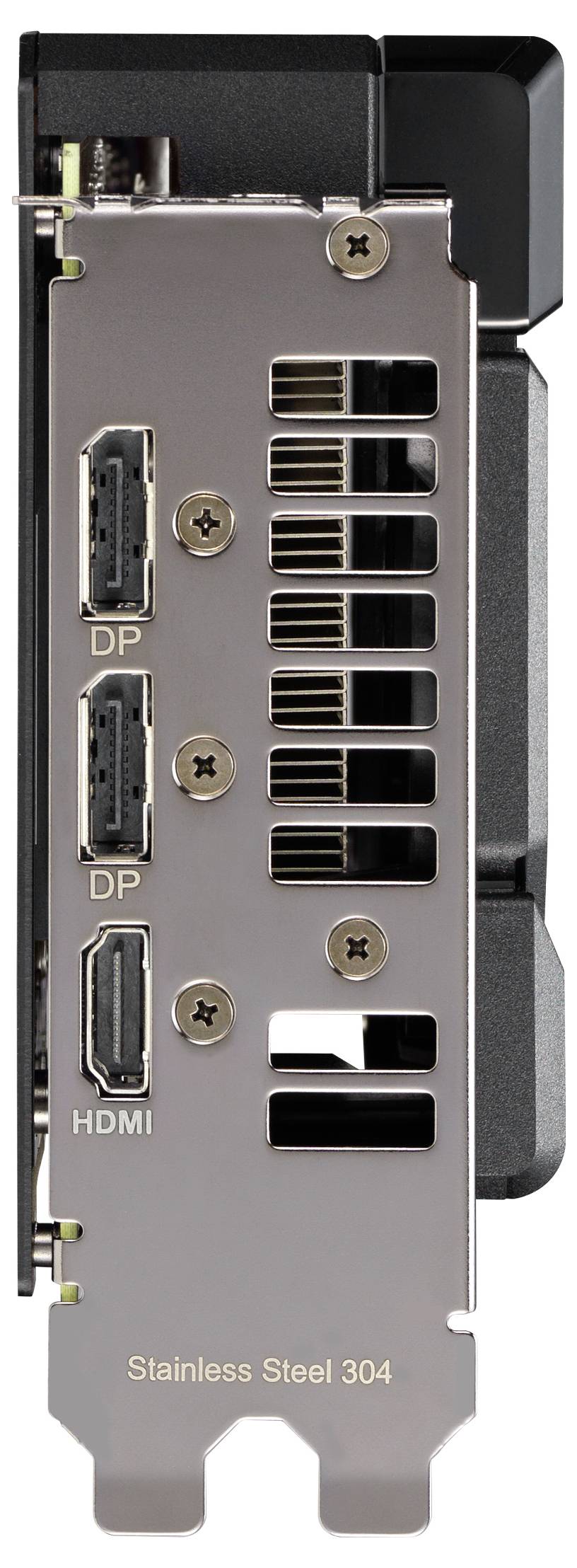 Rückseite einer Grafikkarte mit drei Videoports: zwei DisplayPorts (DP) und ein HDMI; mit Edelstahl 304 beschriftet.