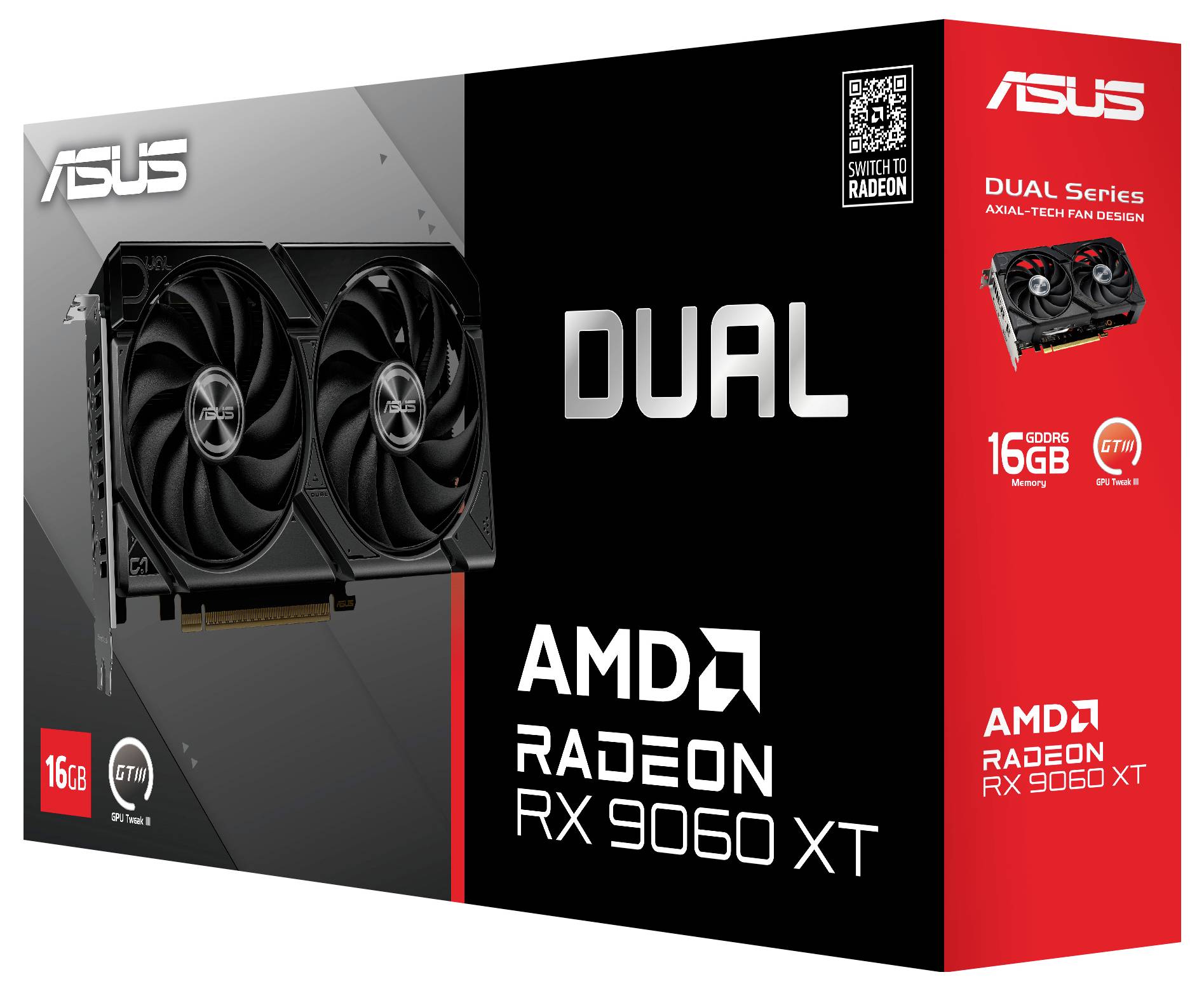 ASUS Dual Serie AMD Radeon RX 6060 XT Grafikkarte Verpackung. Highlights umfassen 16 GB Arbeitsspeicher und Axial-Tech Lüfterdesign.