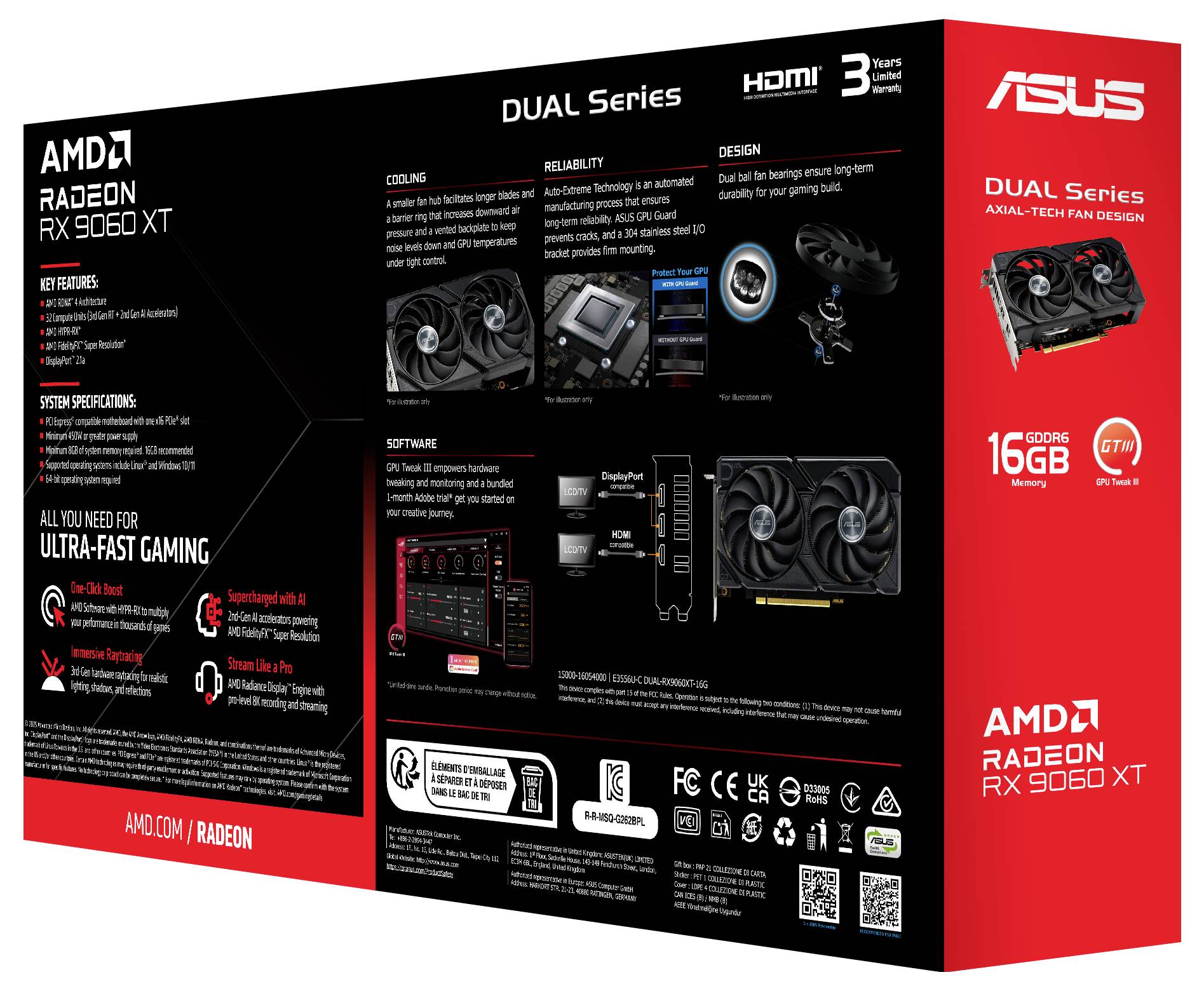 Verpackung für ASUS Dual Series AMD Radeon RX 9600 XT Grafikkarte. Merkmale umfassen 16 GB GDDR6, HDMI-Unterstützung und fortschrittliches Kühldesign.