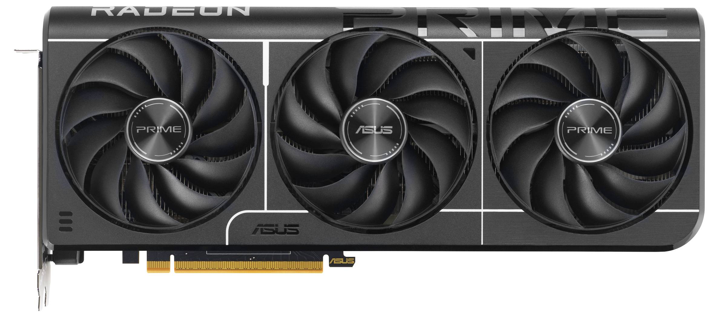 ASUS Prime Grafikkarte mit drei Kühlventilatoren und einem AMD Radeon GPU-Logo, entwickelt für verbesserte Spielleistung.