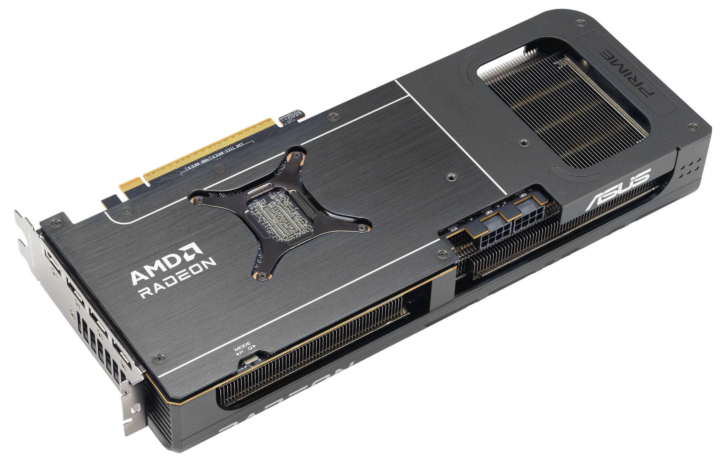 Eine schwarze AMD Radeon Grafikkarte mit sichtbaren Kühlkörpern und Markierung wird aus einem Draufsichtswinkel gezeigt, wobei ihr kompaktes Design und die Anschlüsse zu sehen sind.