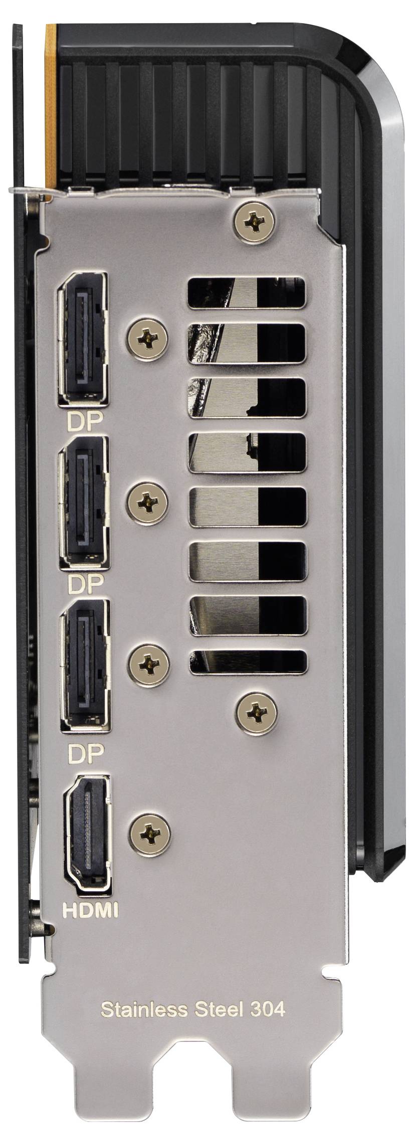 Rückansicht einer Grafikkarte mit drei DisplayPort (DP)- und einem HDMI-Anschluss. Gefertigt aus Edelstahl 304.