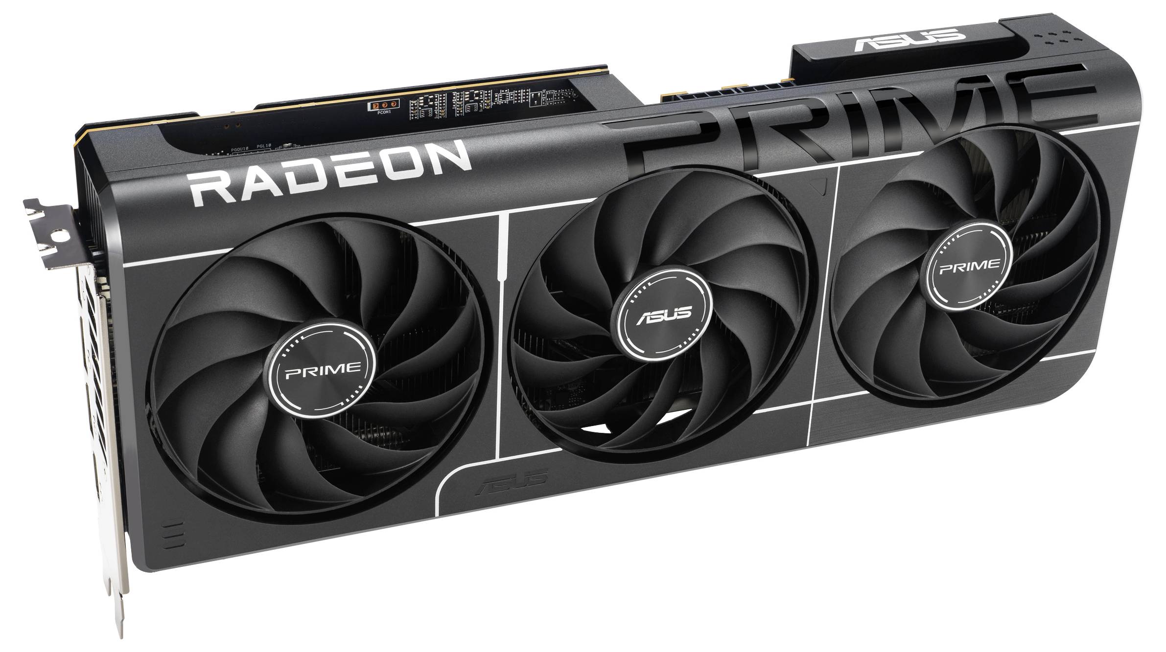 Eine schwarze Radeon-Grafikkarte mit drei Kühlventilatoren, die auf dem Gehäuse mit 'PRIME' und 'ASUS' beschriftet ist.