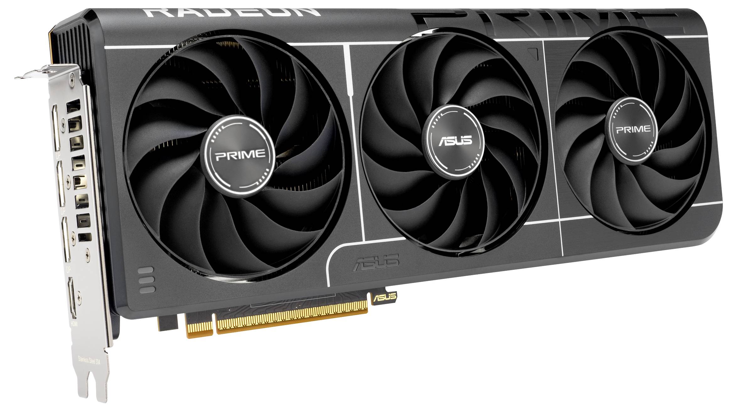 Eine schwarze Grafikkarte mit drei Kühlventilatoren, beschriftet mit 'Radeon' und 'Prime', mit mehreren Anschlüssen für Displays an der Seite.