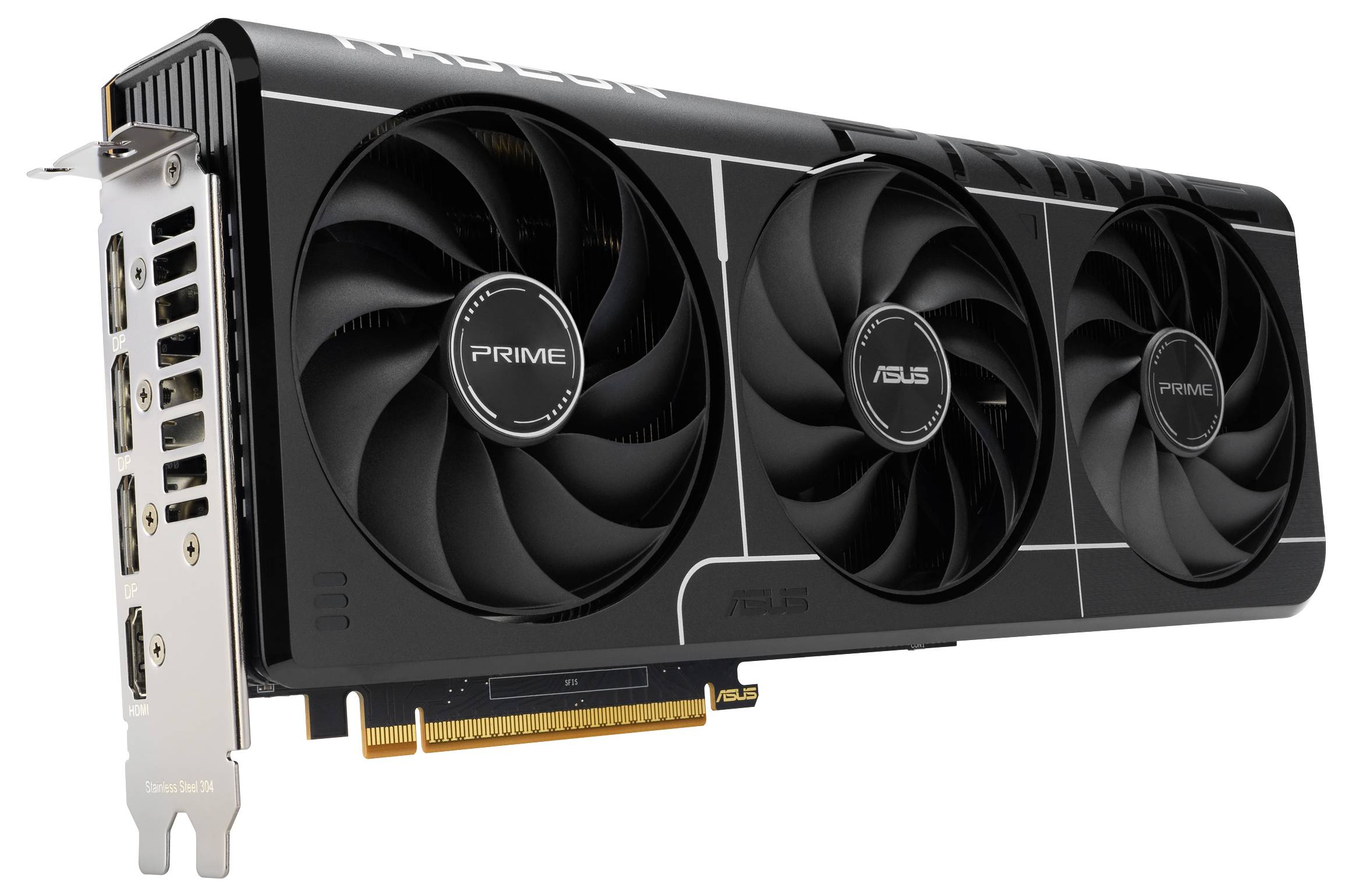 Eine Grafikkarte mit zwei Lüftern und sichtbaren Anschlüssen an der Seite, gekennzeichnet mit den Logos 'PRIME' und 'ASUS', entwickelt für High-Performance-Computing.