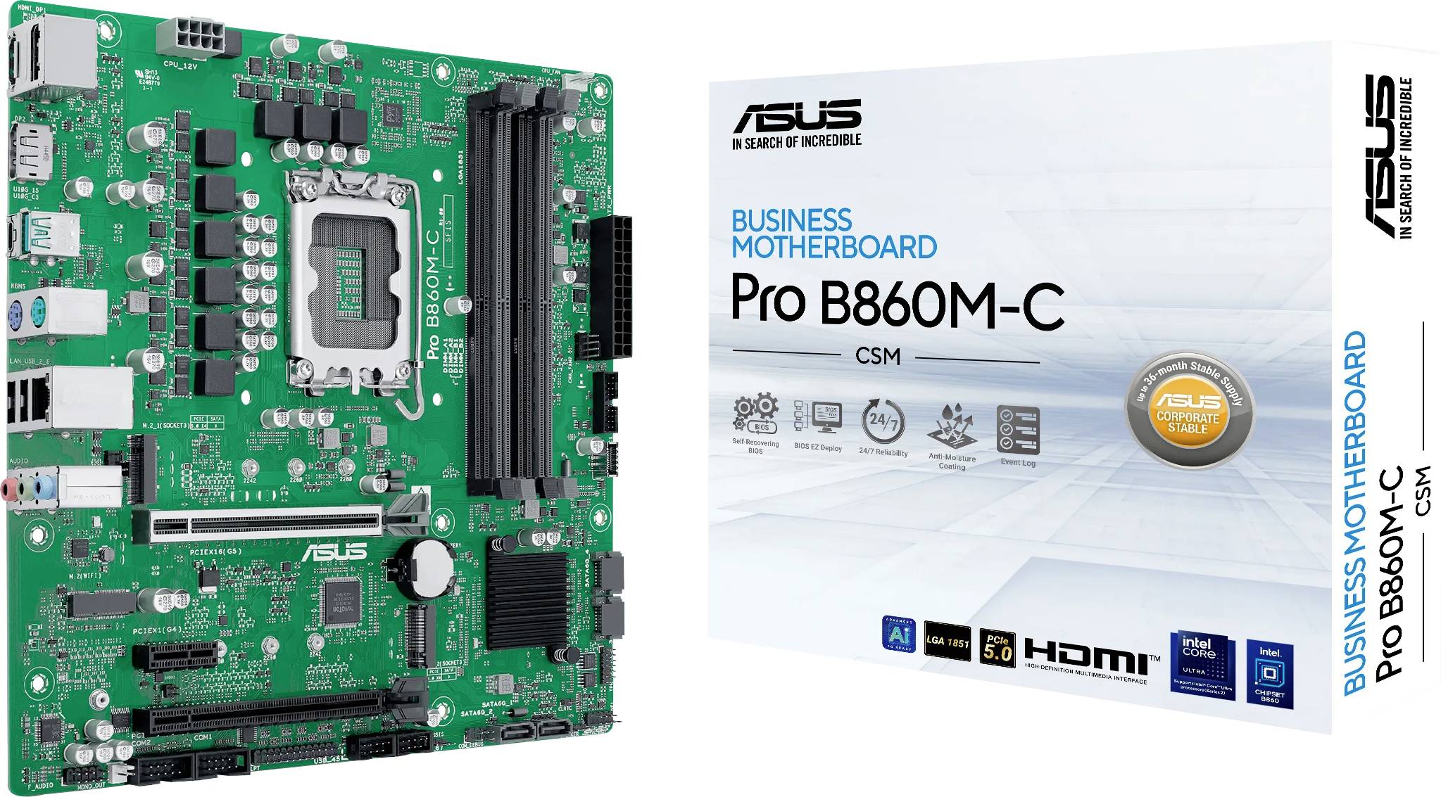 ASUS Business Motherboard Pro B860M-C CSM - Bild, das die grüne Hauptplatine mit verschiedenen Anschlüssen und Komponenten neben ihrer Markeverpackung zeigt.