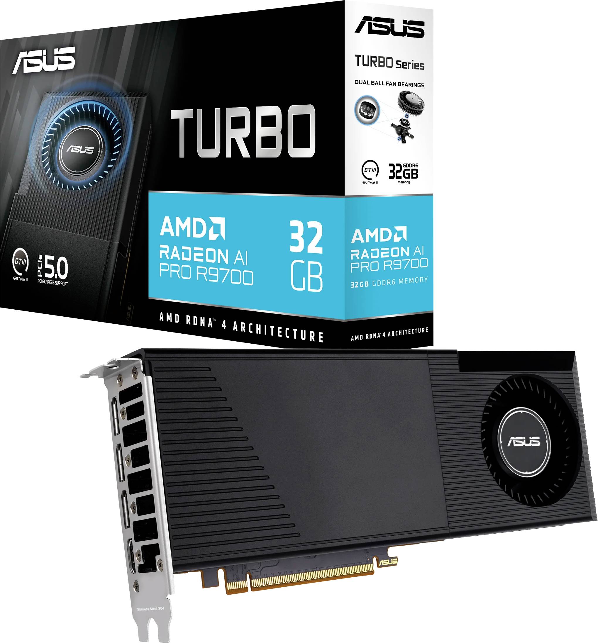 ASUS Turbo Serie Grafikkarte mit 32GB AMD Radeon AI Pro R9700, ausgestattet mit RDNA 4 Architektur. Karton im Hintergrund dargestellt.