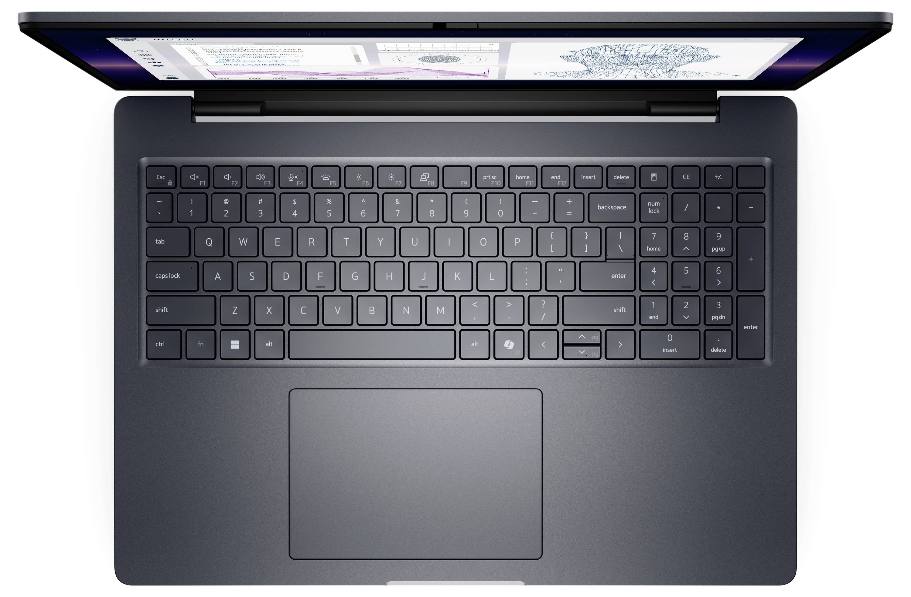 Ein schlanker, offener Laptop, von oben betrachtet, mit sichtbarer Tastatur und Touchpad, auf dessen Bildschirm Diagramme zu sehen sind.