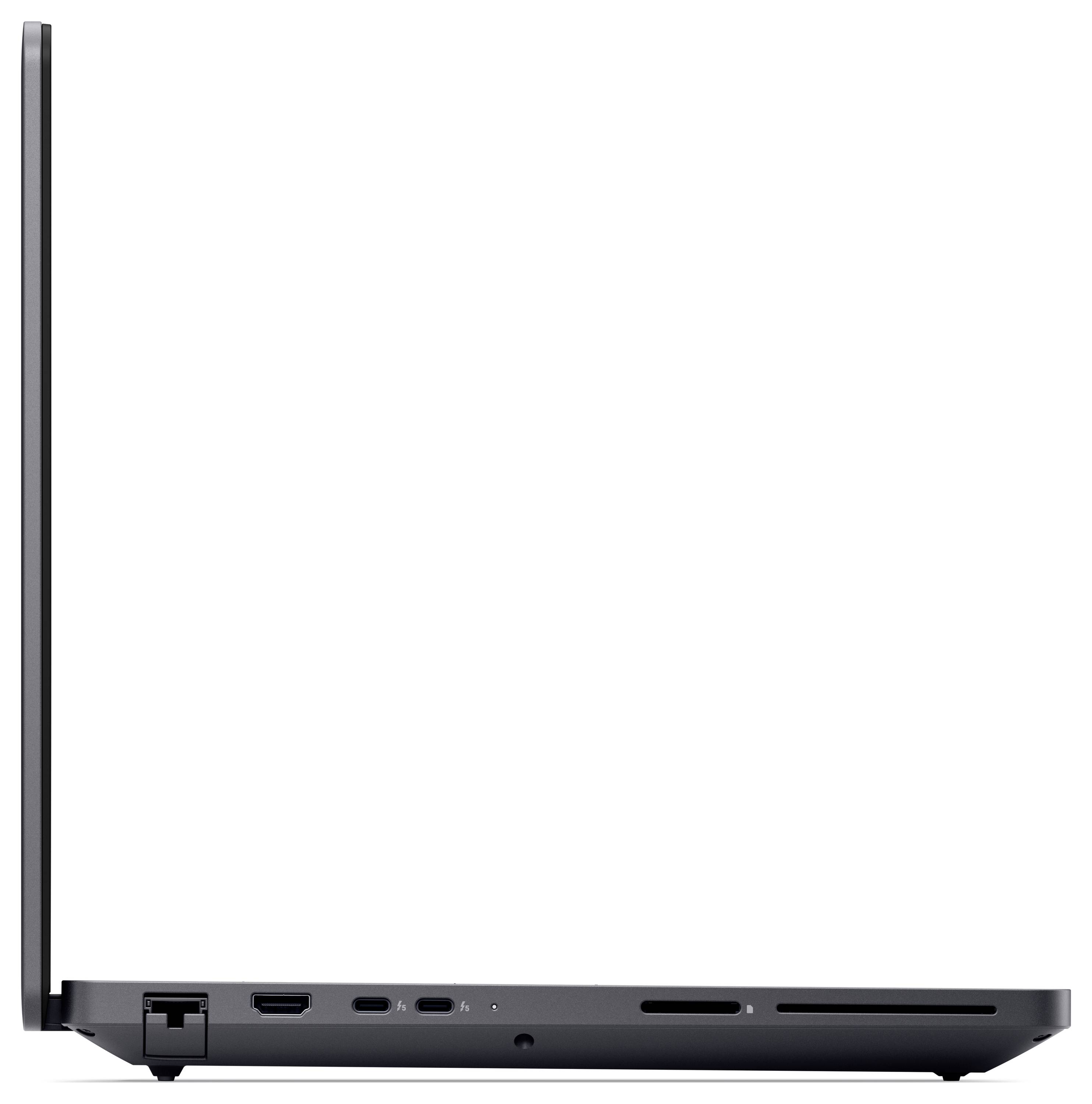 Seitenansicht eines dünnen, modernen Laptops, der sein schlankes Design und verschiedene Anschlüsse wie HDMI, USB und Kopfhörerbuchse präsentiert.