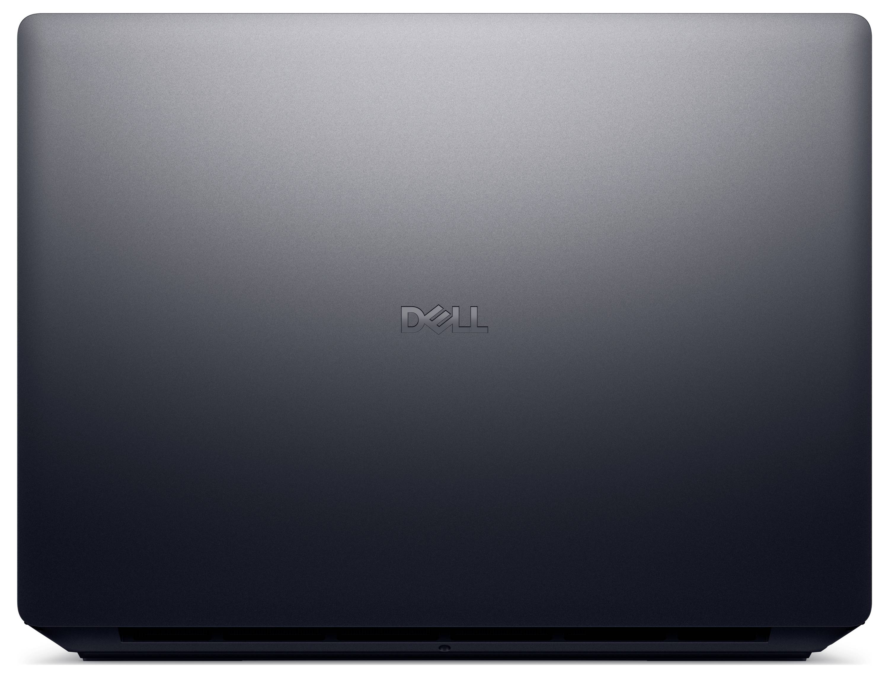 Geschlossener Dell-Laptop mit einem dunklen Verlaufsfinish, auf dessen Deckel mittig das Dell-Logo platziert ist.
