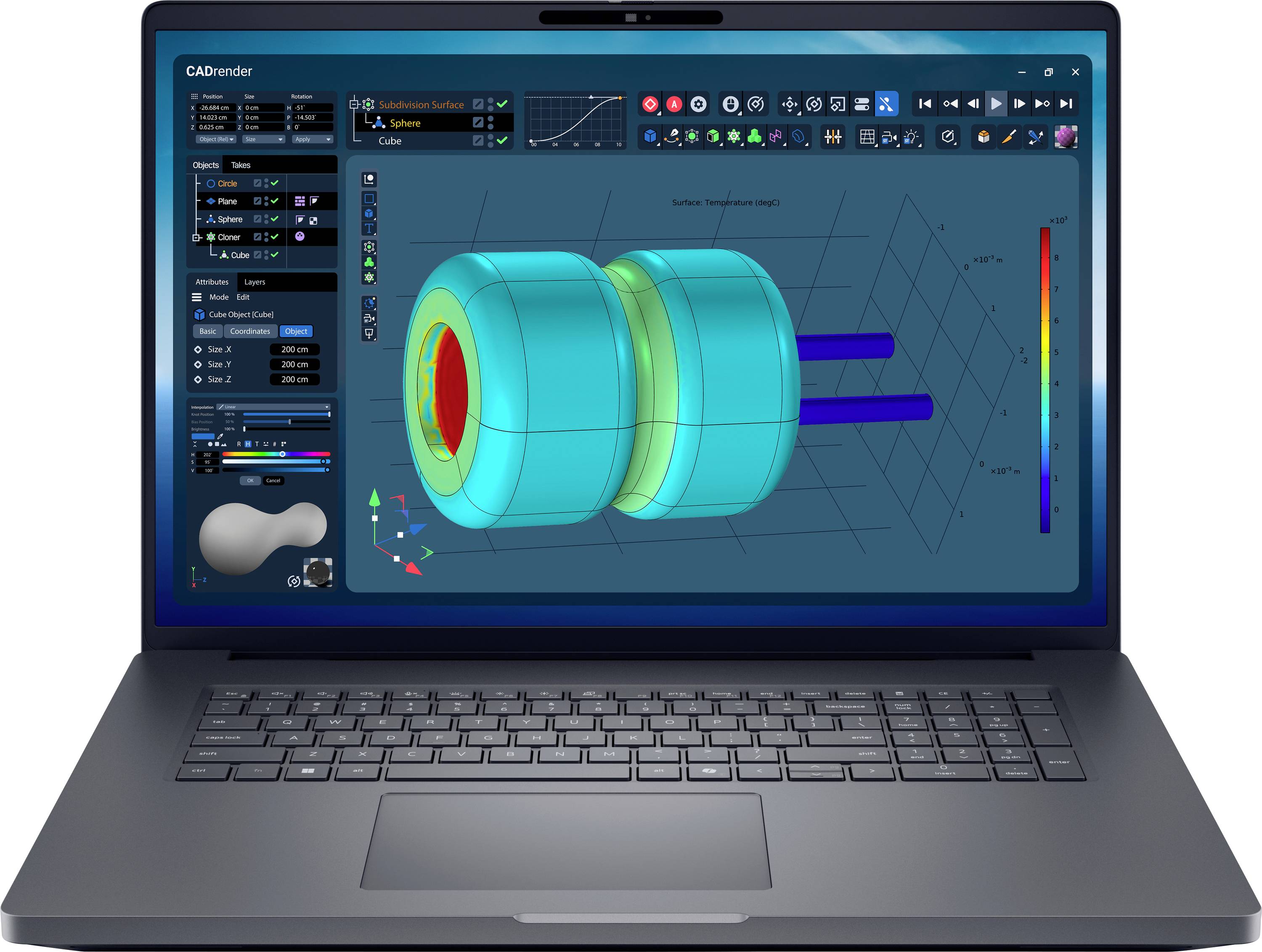 Ein Laptop zeigt ein 3D-CAD-Modell von mechanischen Bauteilen. Der Bildschirm präsentiert Rendering-Werkzeuge, Farbverläufe und Konstruktionsdetails.