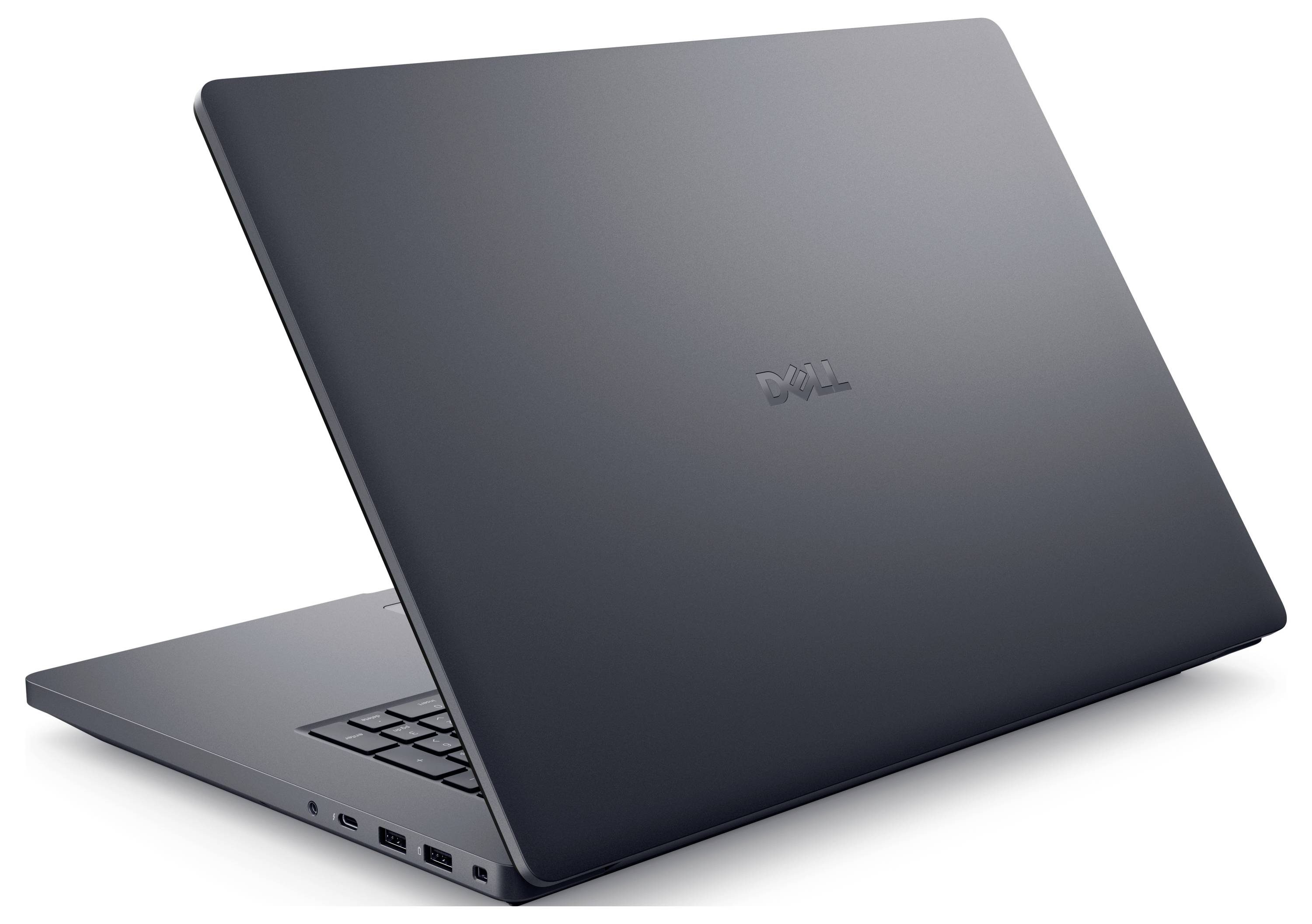 Ein schlankes, modernes Laptop, das halb geschlossen ist und von der hinteren linken Ecke aus betrachtet wird. Das Dell-Logo ist auf dem Deckel sichtbar.
