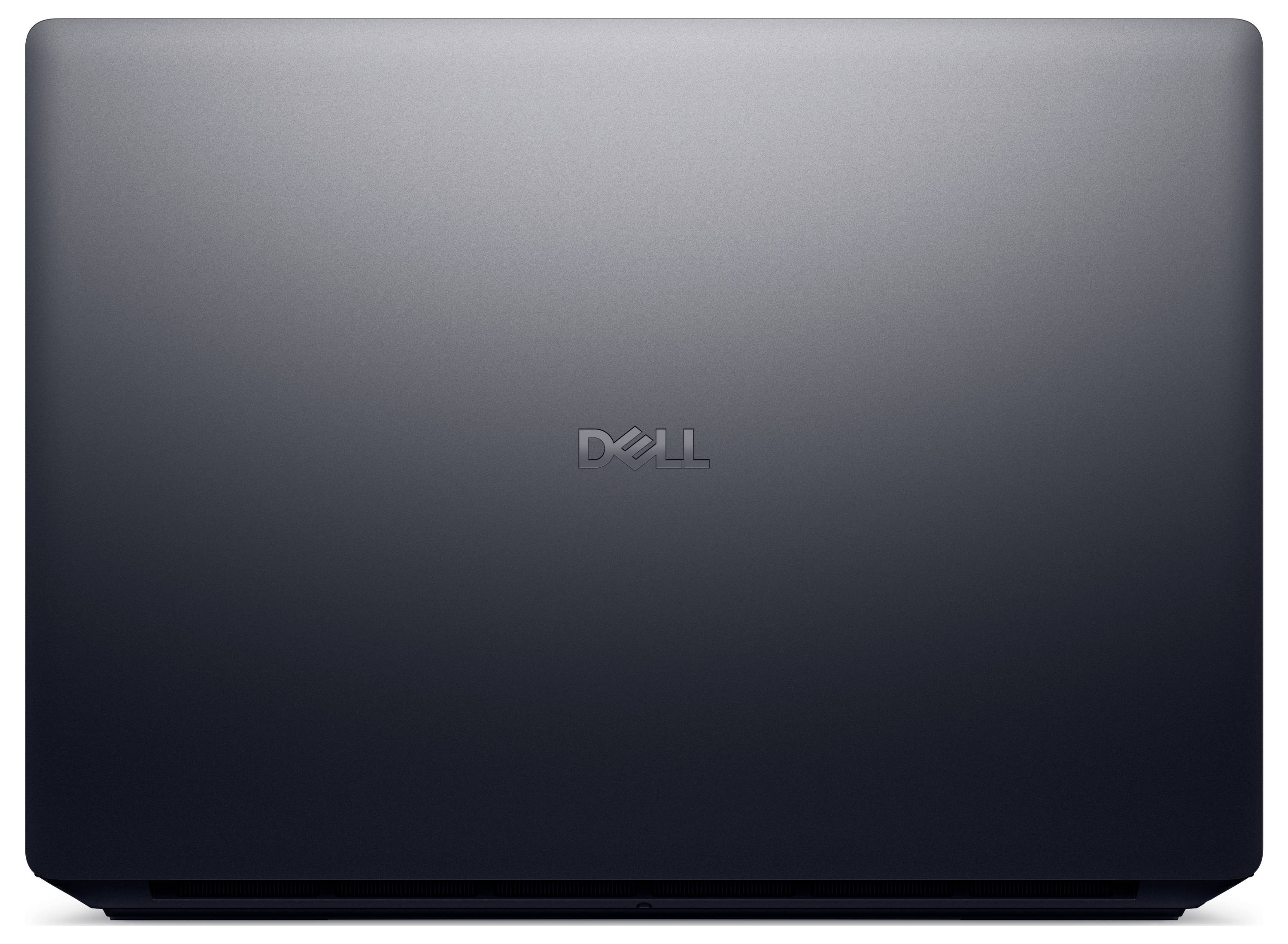 Geschlossener Dell-Laptop mit einem eleganten, dunkelgrauen Finish. Das Dell-Logo ist mittig auf der Oberseite platziert.