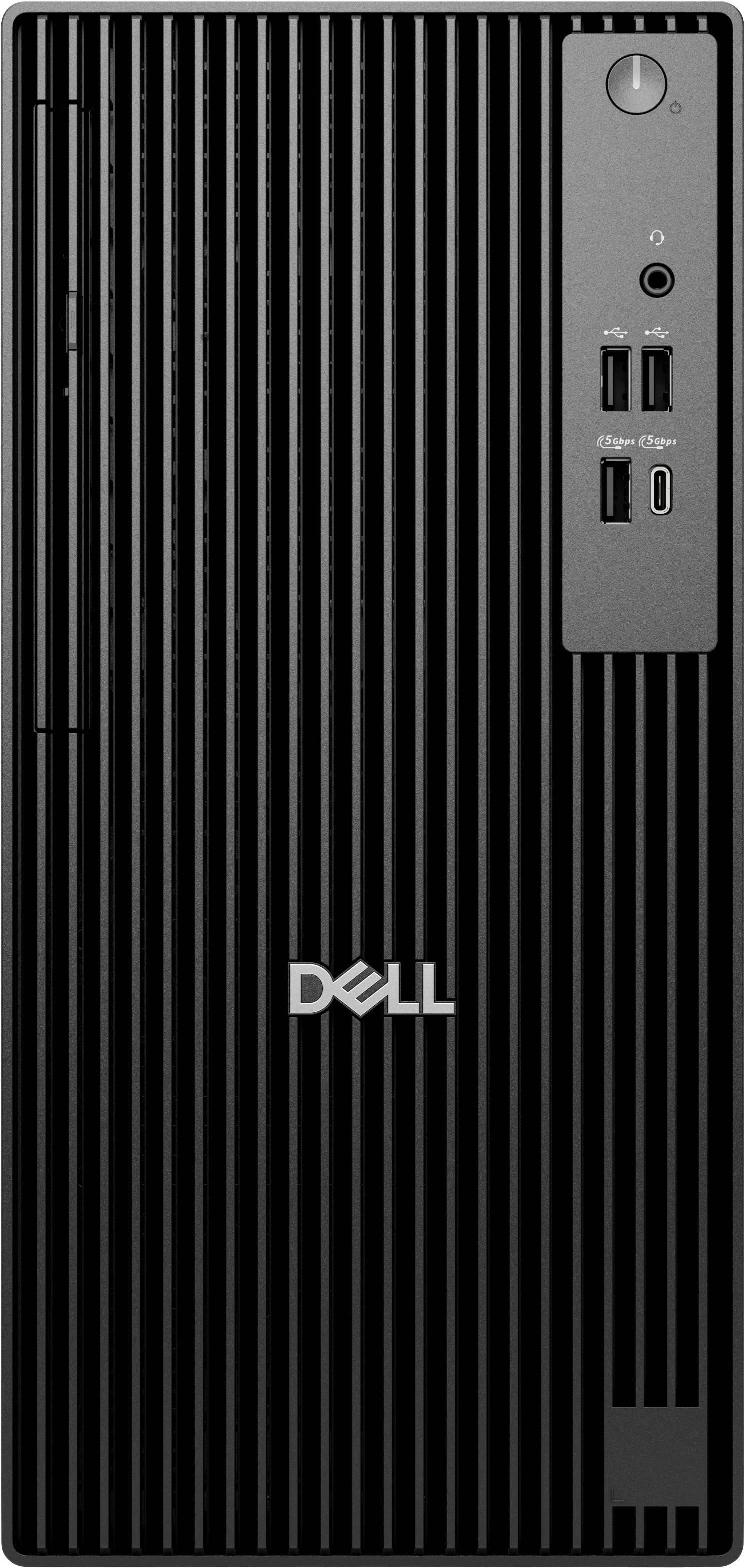 Dell-Desktop-Tower in Schwarz mit vertikalen Rillen, zeigt Einschaltknopf, USB-Anschlüsse und 'Intel Core' Beschriftung auf dem Frontpanel.