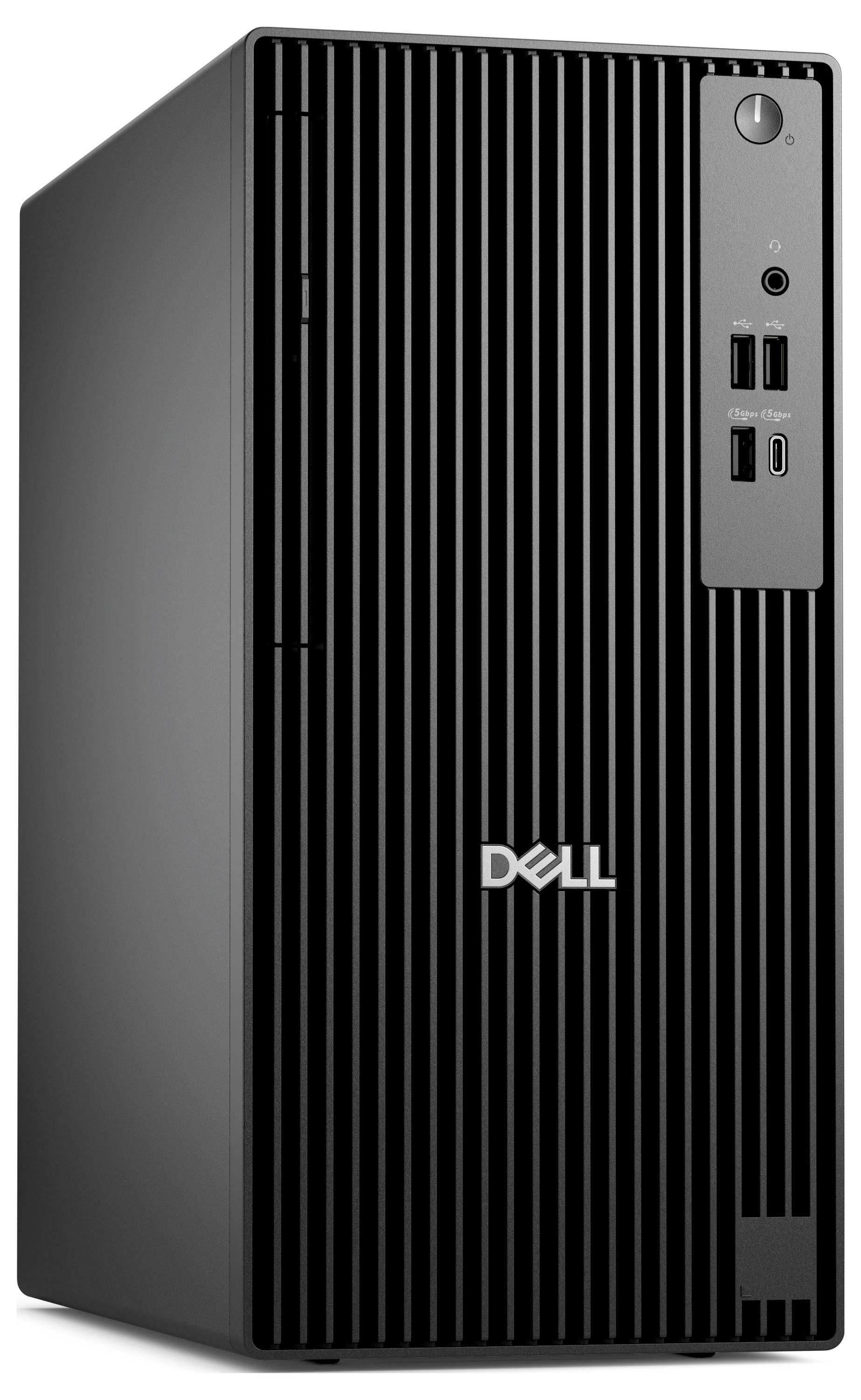 Ein schwarzer Dell-Desktop-Computerturm mit vertikalen Streifenfront-Panel, ausgestattet mit mehreren USB-Anschlüssen und einem Einschaltknopf oben rechts.