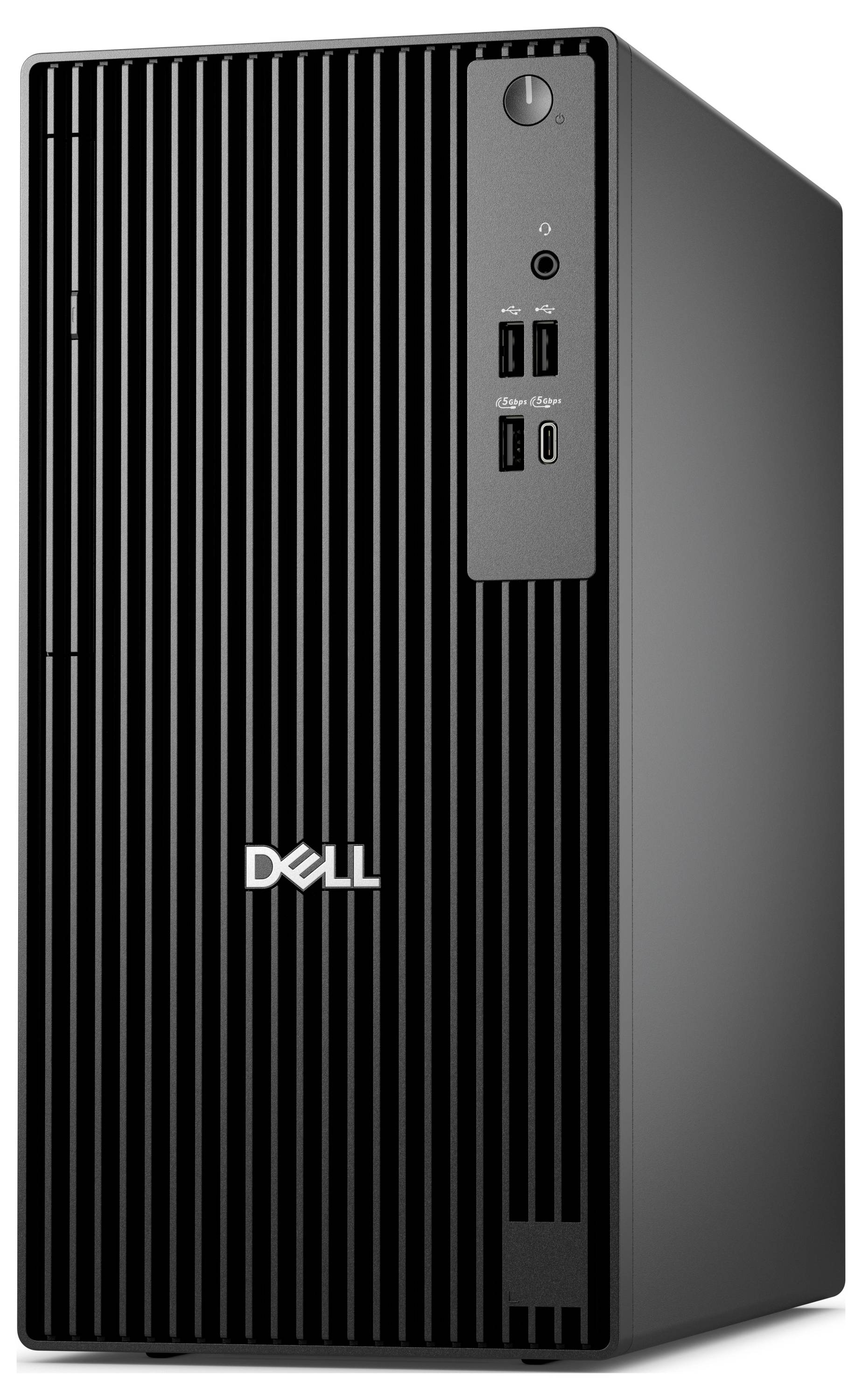 Ein schwarzer Dell-Desktop-Computertower mit vertikalen Rillen, der USB-Anschlüsse und einen Einschaltknopf auf dem Frontpanel aufweist.