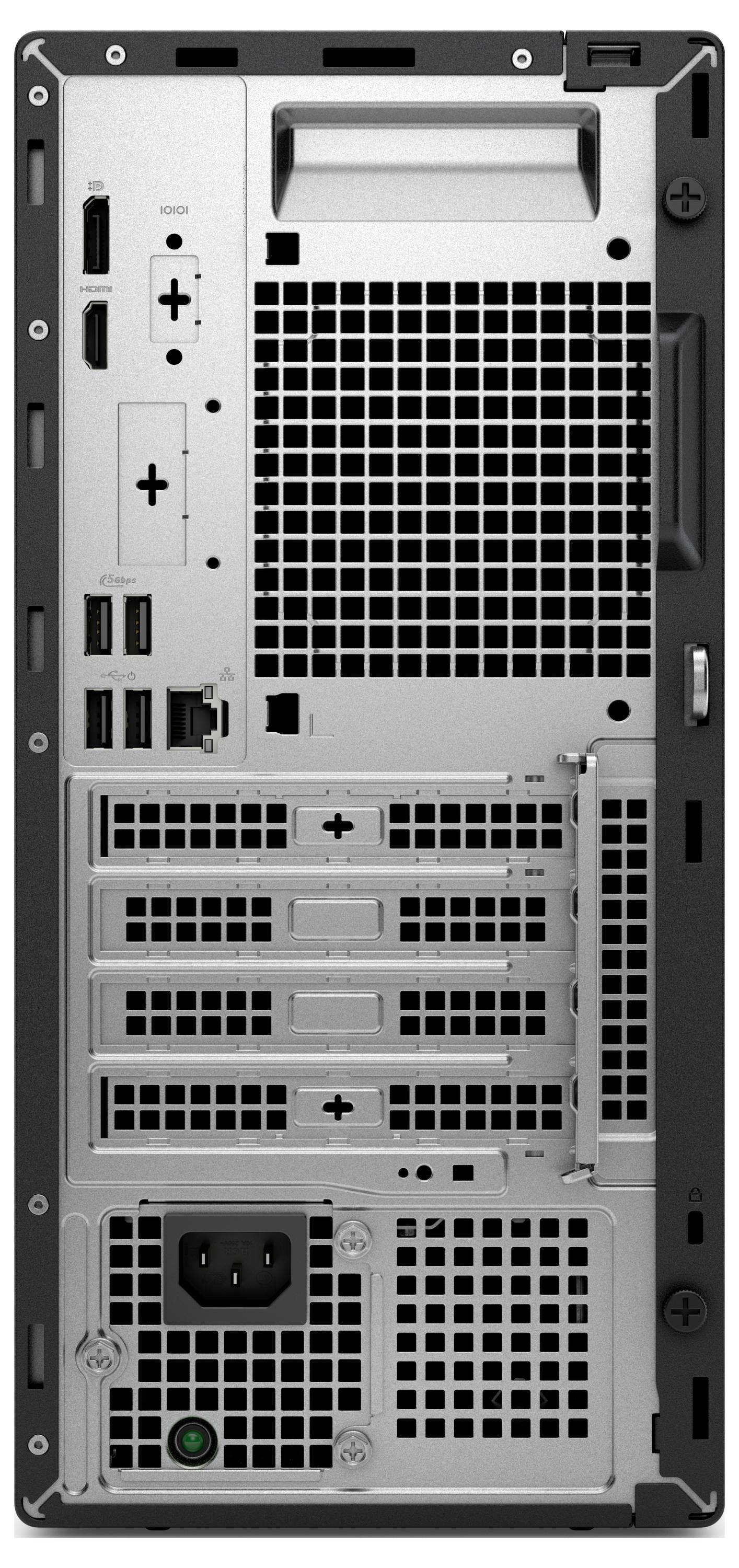 Die Rückansicht eines Computergehäuses, die Anschlüsse und Steckplätze für HDMI, USB und Stromverbindungen sowie mehrere Erweiterungssteckplätze zeigt.