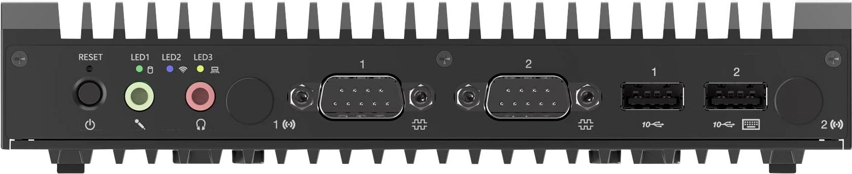 Das Bild zeigt ein schwarzes elektronisches Gerät mit Anschlüssen, die mit '1' und '2' gekennzeichnet sind, einschließlich Audioports, serieller Schnittstellen und USB-Anschlüssen.
