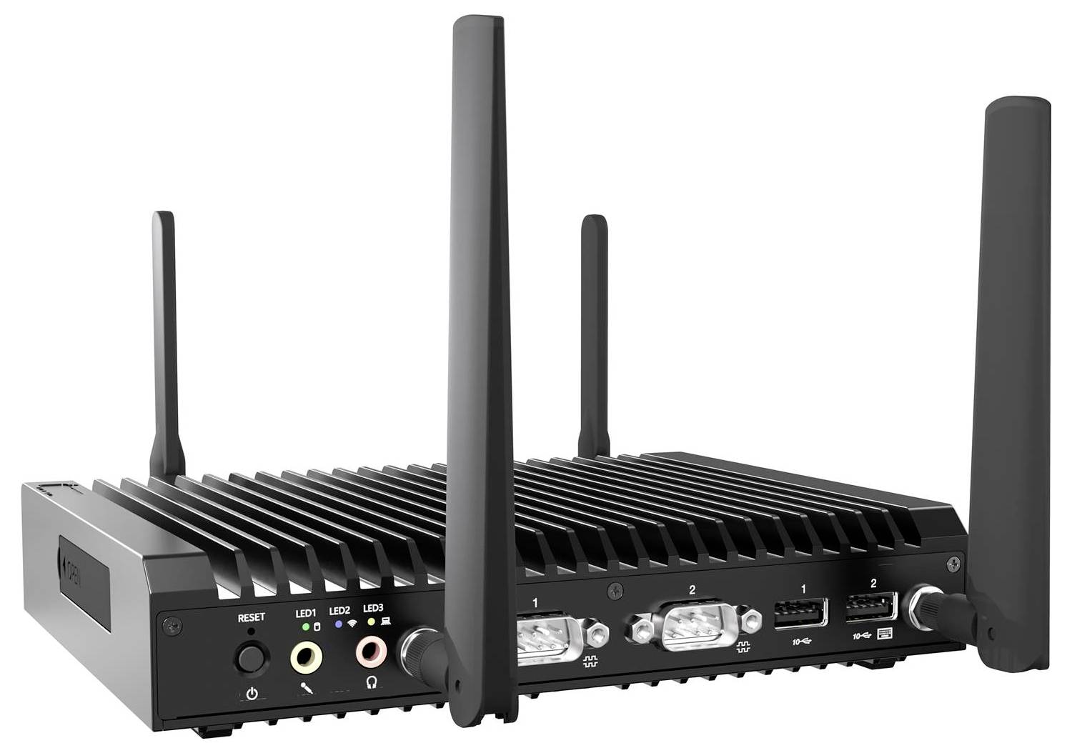 Ein schwarzer WLAN-Router mit vier Antennen und verschiedenen Anschlüssen für Konnektivität. Er verfügt über LED-Indikatoren und erweitert damit die Netzwerkmöglichkeiten.