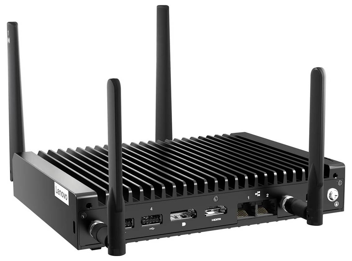 Ein Lenovo ThinkEdge SE50 Computer mit Kühlrippen, vier Antennen, HDMI-, USB-, Ethernet-Anschlüssen, Einschalttaste, entwickelt für Edge Computing.