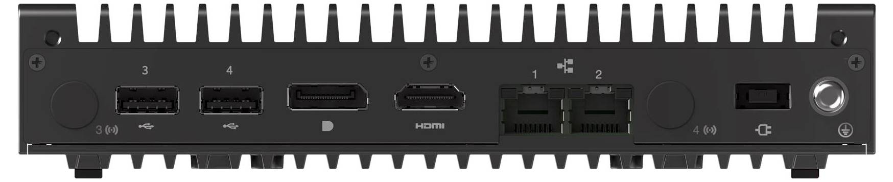 Ein schwarzes Gerät mit mehreren Anschlüssen: zwei USB-Ports, DisplayPort, HDMI, zwei LAN-Anschlüssen und Einschaltknopf, von der Rückseite gezeigt.
