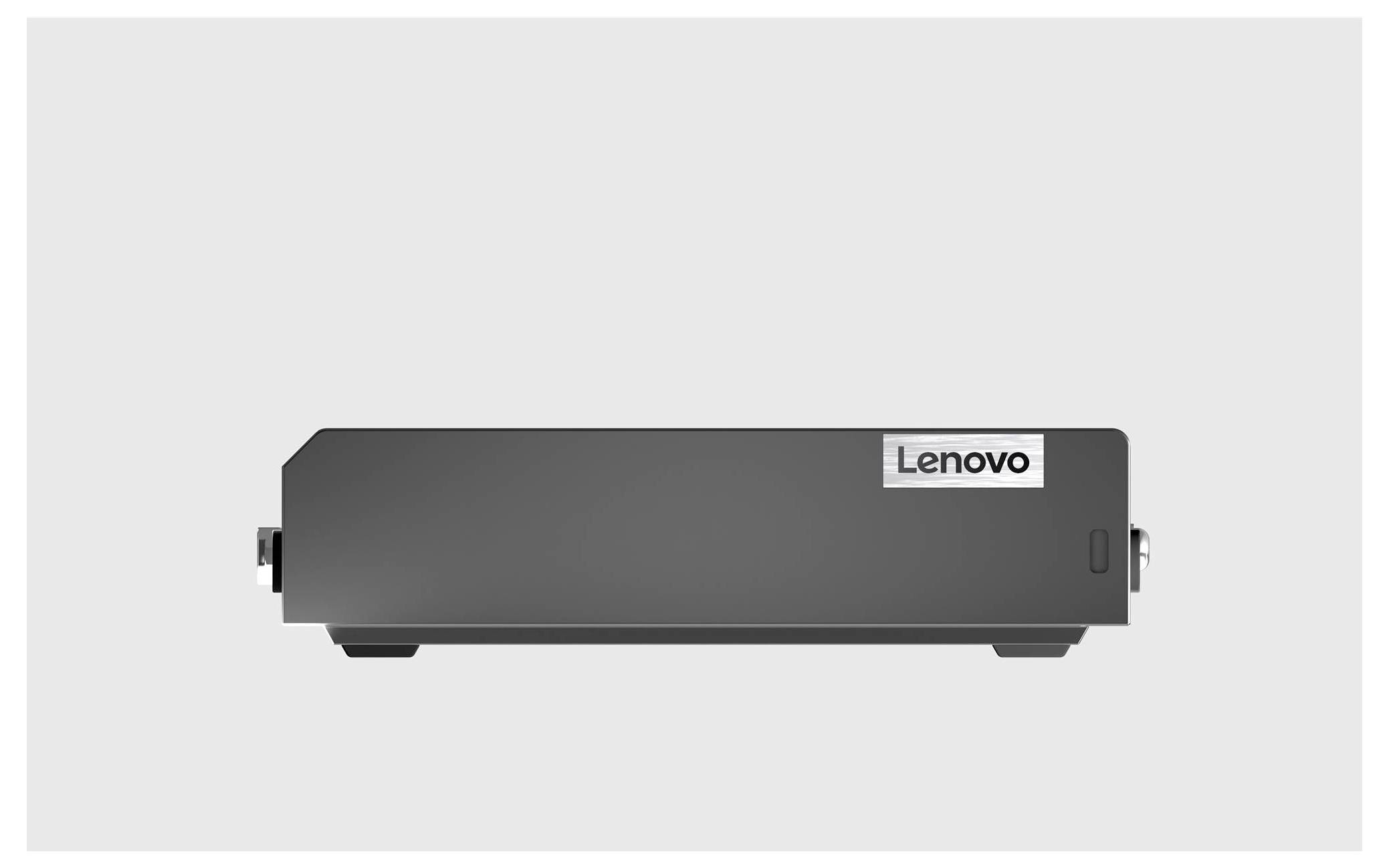 Ein mit 'Lenovo' markiertes Arbeitsstation- oder Gerät mit flacher rechteckiger Gestaltung, Frontansicht vor einem neutralen Hintergrund.