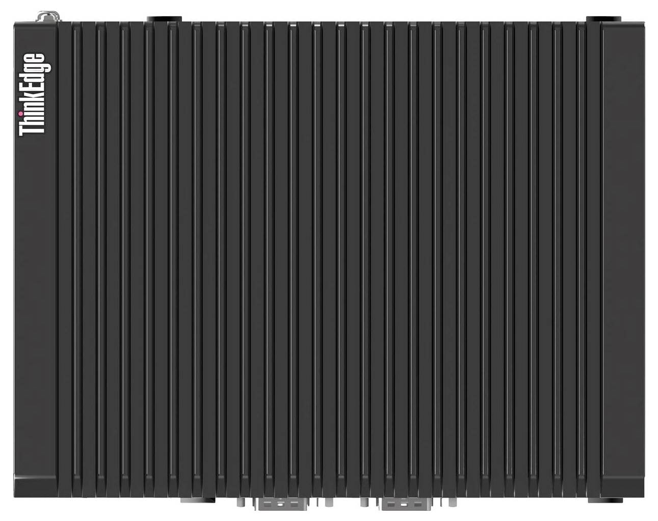 Ein rechteckiger schwarzer Industriecomputer mit vertikalen Rillen und einem 'ThinkEdge'-Logo an der Seite.