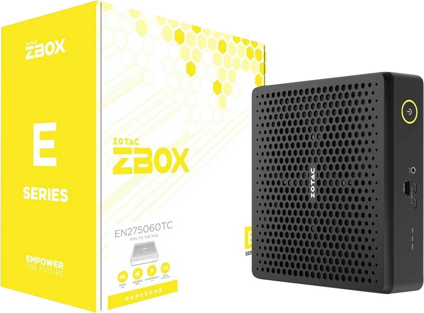 ZOTAC ZBOX E Series Mini-PC mit Wabennetzdesign, neben seiner Verpackung gezeigt. Text auf der Box enthält 'Empower the Future'.
