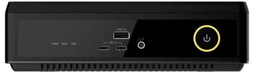 Ein schwarzes externes Computergerät mit einem vorderen USB-3.0-Anschluss, zwei USB-C-Anschlüssen, Kopfhörerbuchse und einem kreisförmigen Einschaltknopf mit einem gelben Ring.