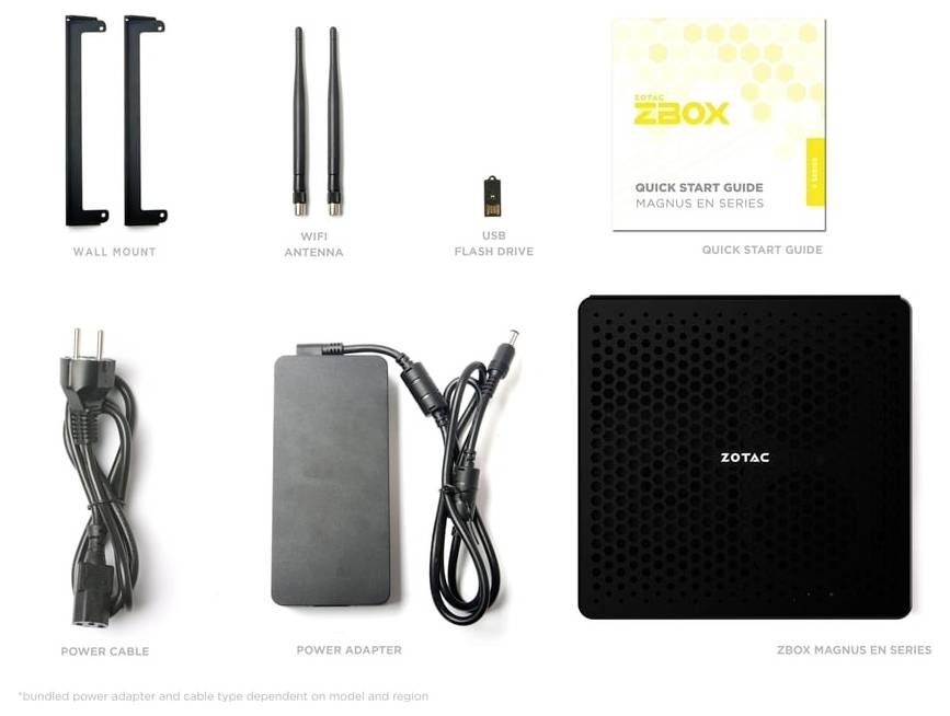 ZOTAC ZBOX Inhalt der Verpackung umfasst eine Wandhalterung, WLAN-Antenne, USB-Stick, Schnellstartanleitung, Netzkabel, Netzteil und Hauptgerät.