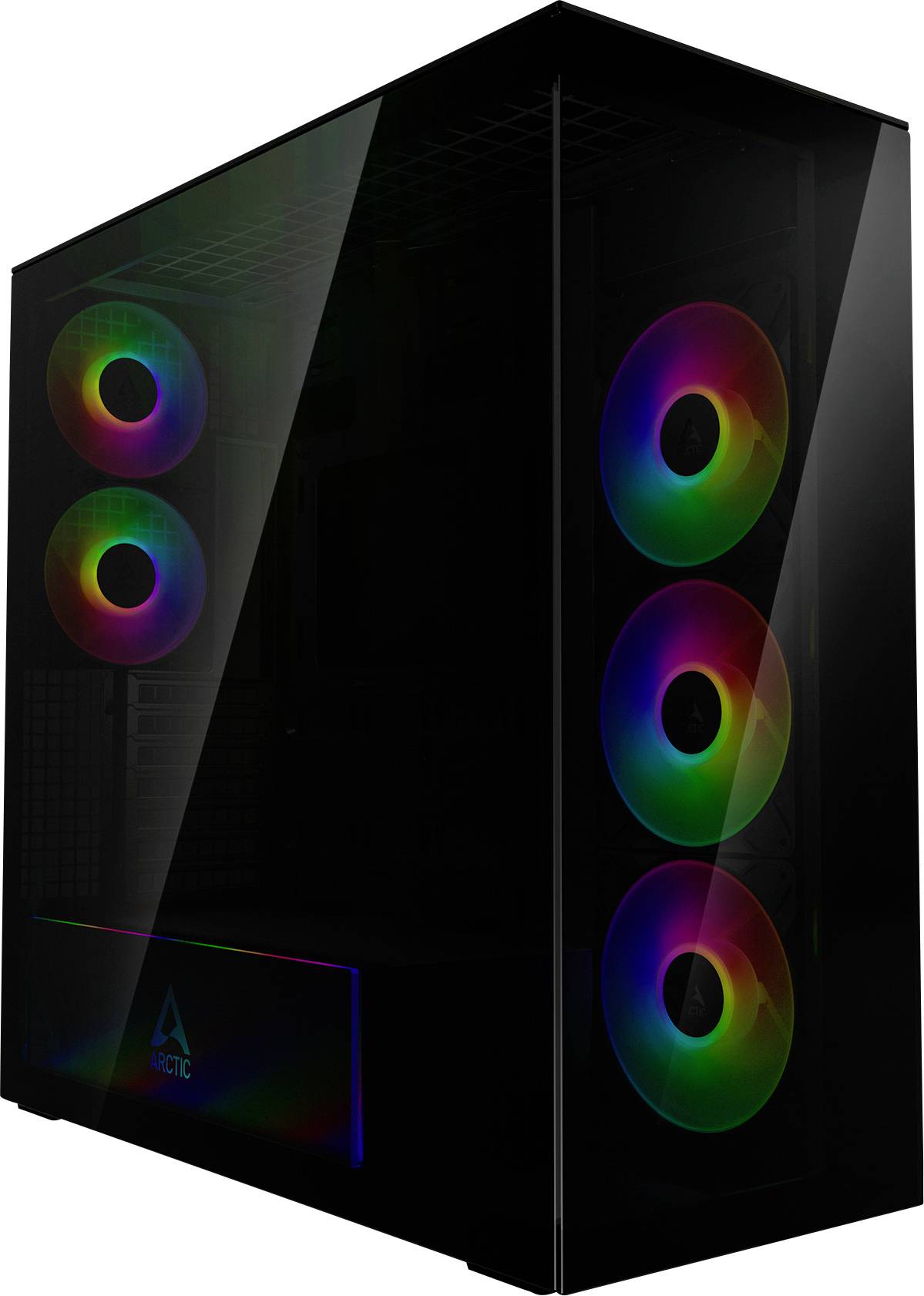 Ein schlankes schwarzes Computergehäuse mit transparenten Seitenpanels präsentiert farbenfroh beleuchtete LED-Lüfter an der Front und Oberseite.