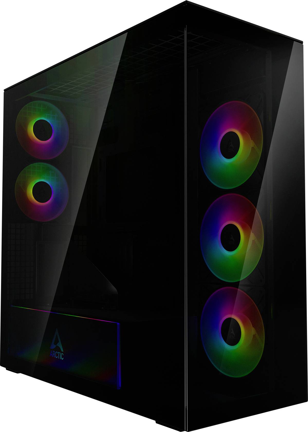 Ein schwarzes Computergehäuse mit getönter Glasseite, das die lebendige RGB-Beleuchtung von sechs kreisrunden Lüftern im Inneren präsentiert.